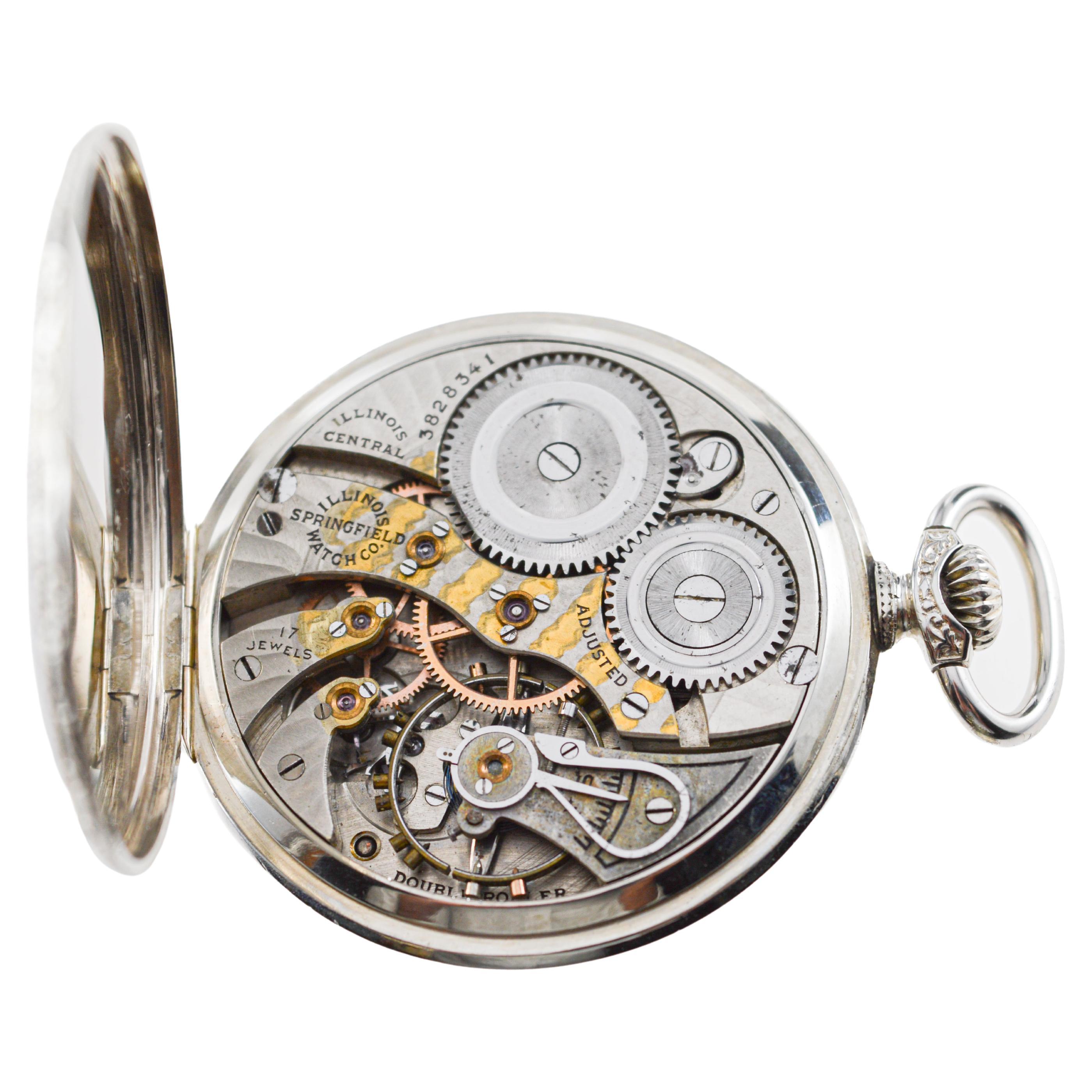 Illinois White Gold-Filled Art Deco Open Faced Pocket Watch Hand Engraved 1919 For Sale 7