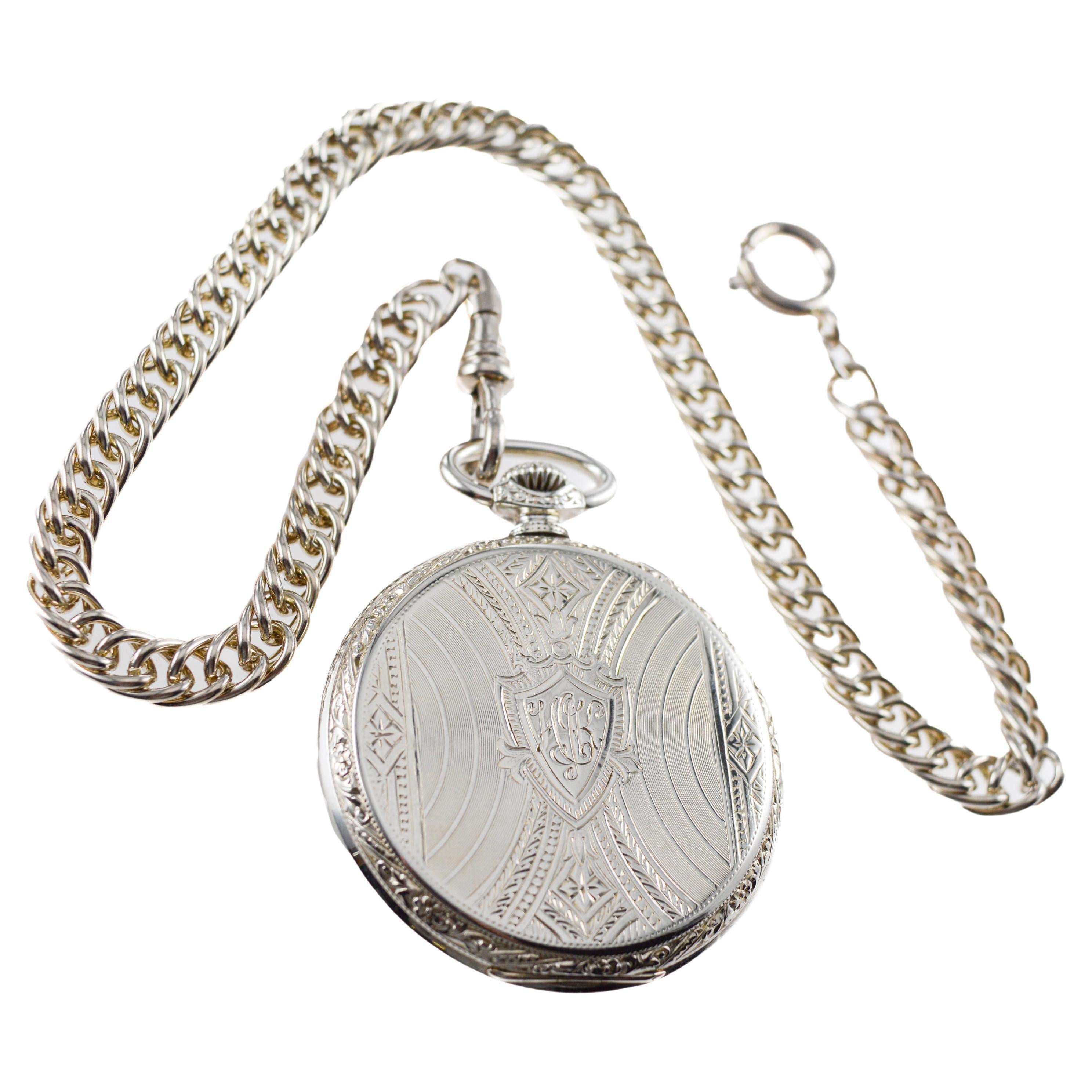 Illinois White Gold-Filled Art Deco Open Faced Pocket Watch Hand Engraved 1919 In Excellent Condition For Sale In Long Beach, CA