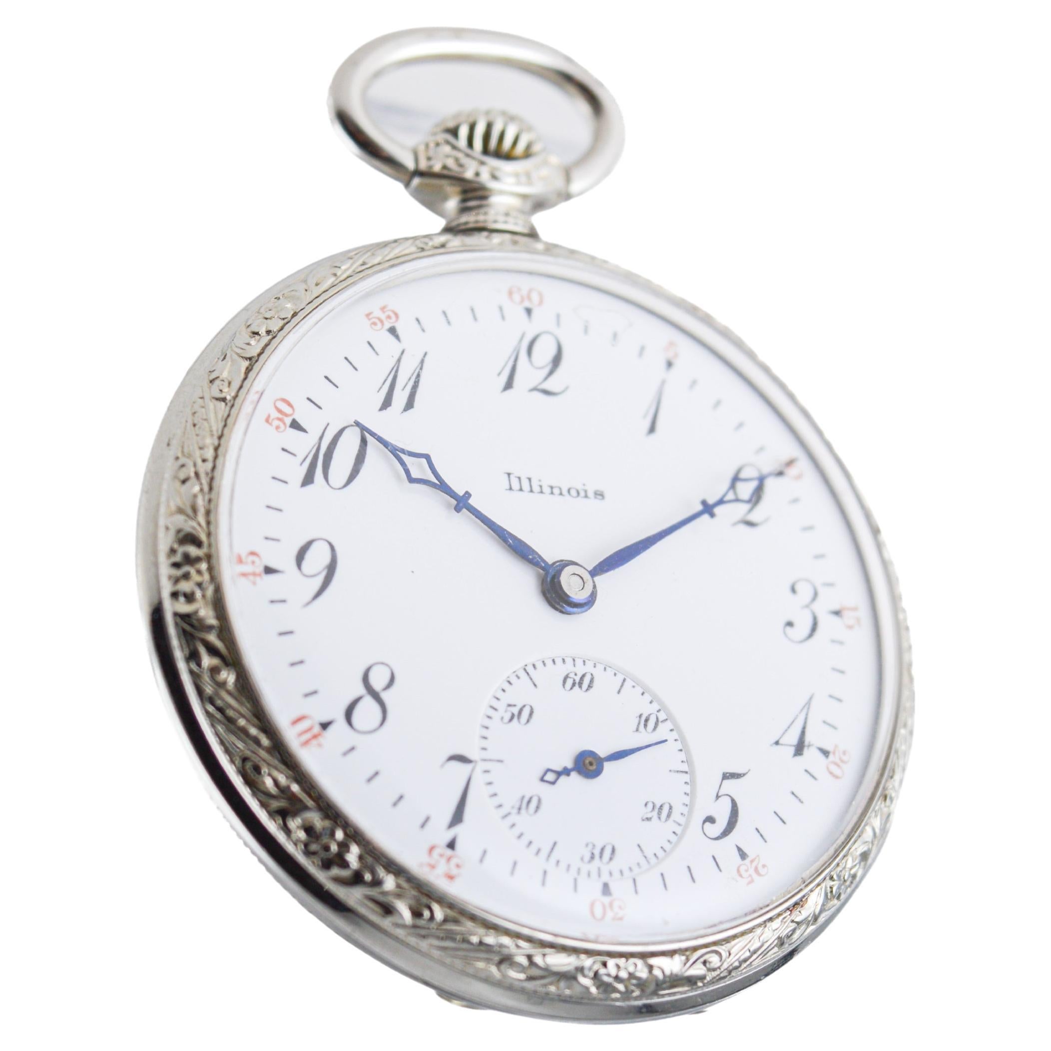 Women's or Men's Illinois White Gold-Filled Art Deco Open Faced Pocket Watch Hand Engraved 1919 For Sale