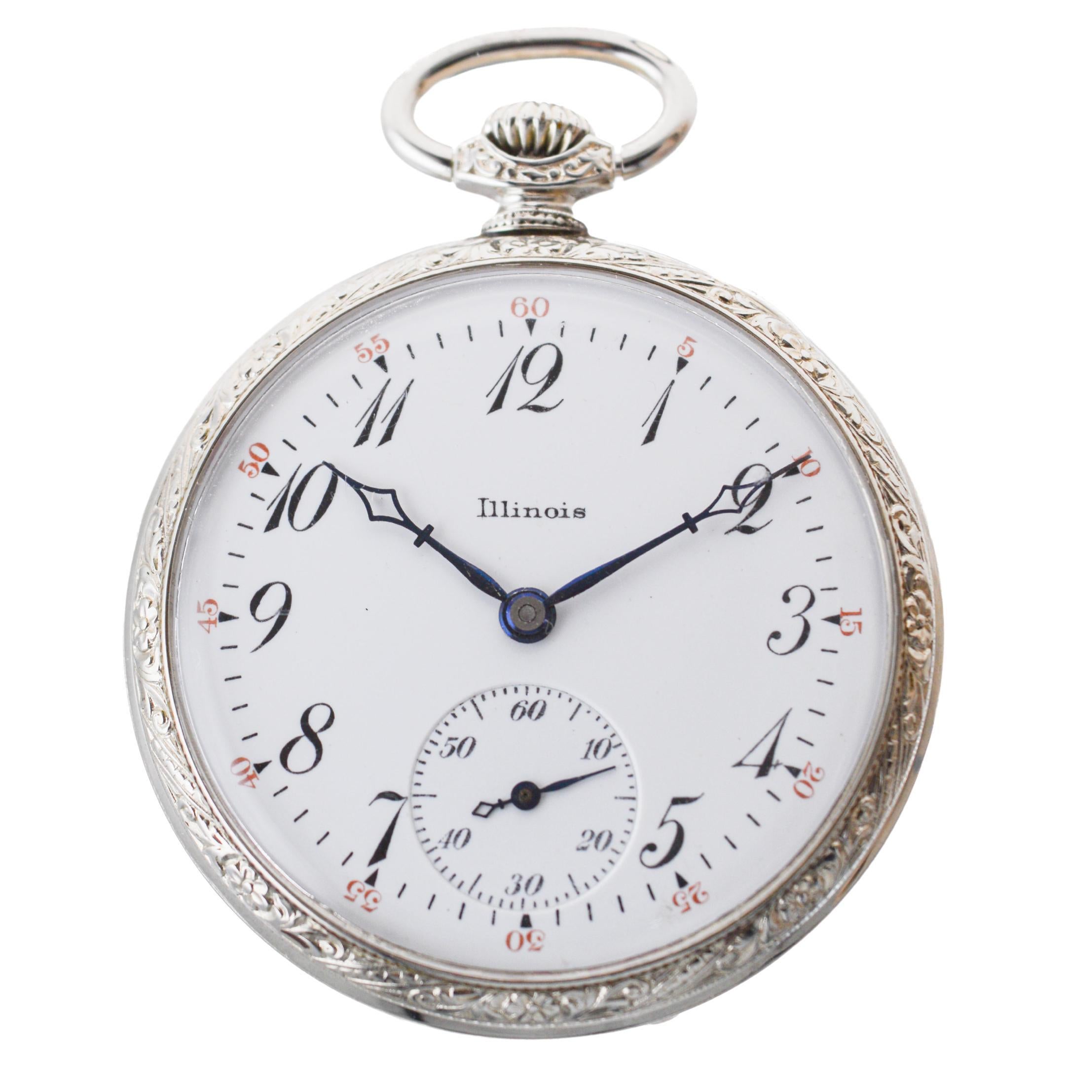 Illinois White Gold-Filled Art Deco Open Faced Pocket Watch Hand Engraved 1919 For Sale 1