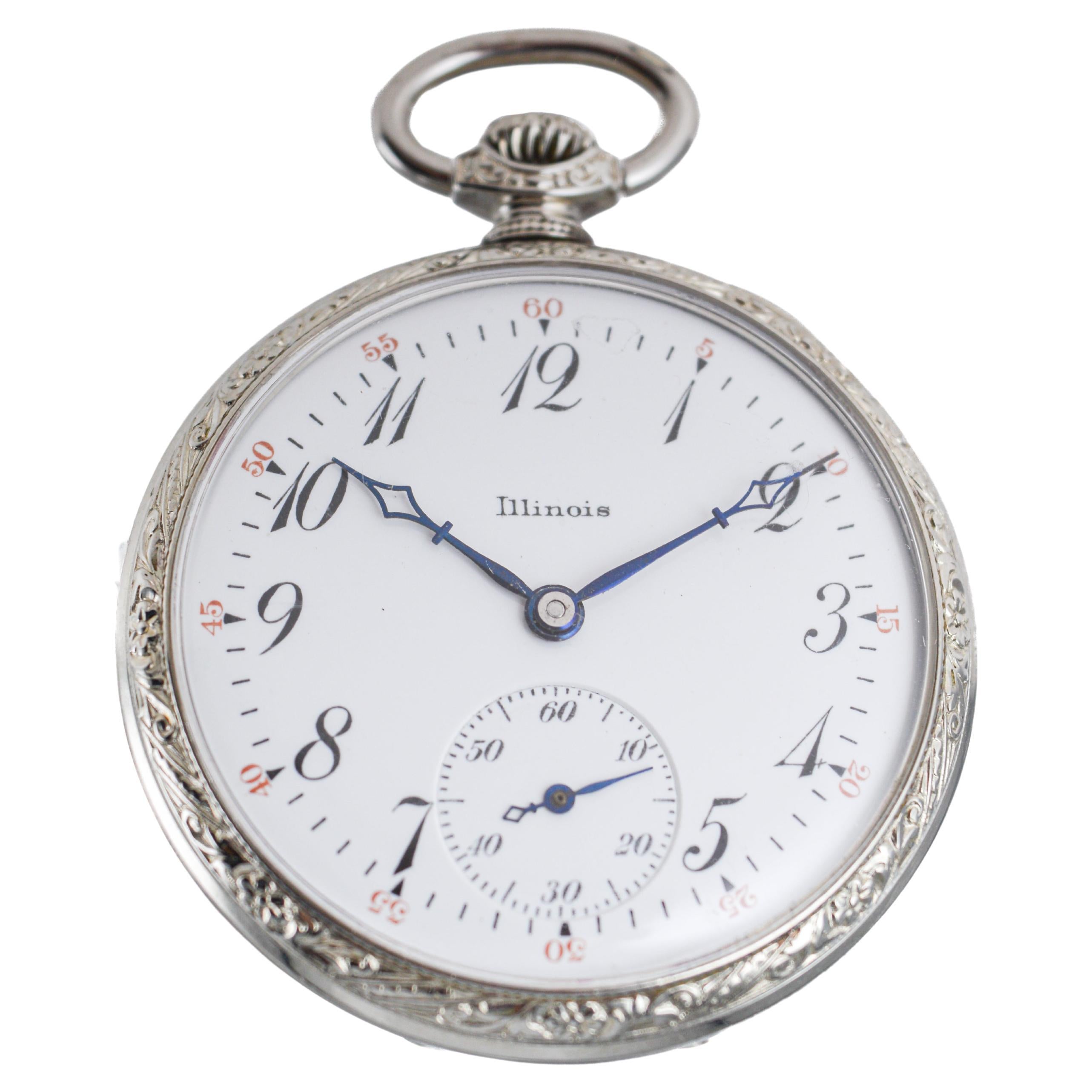 Illinois White Gold-Filled Art Deco Open Faced Pocket Watch Hand Engraved 1919 For Sale 2