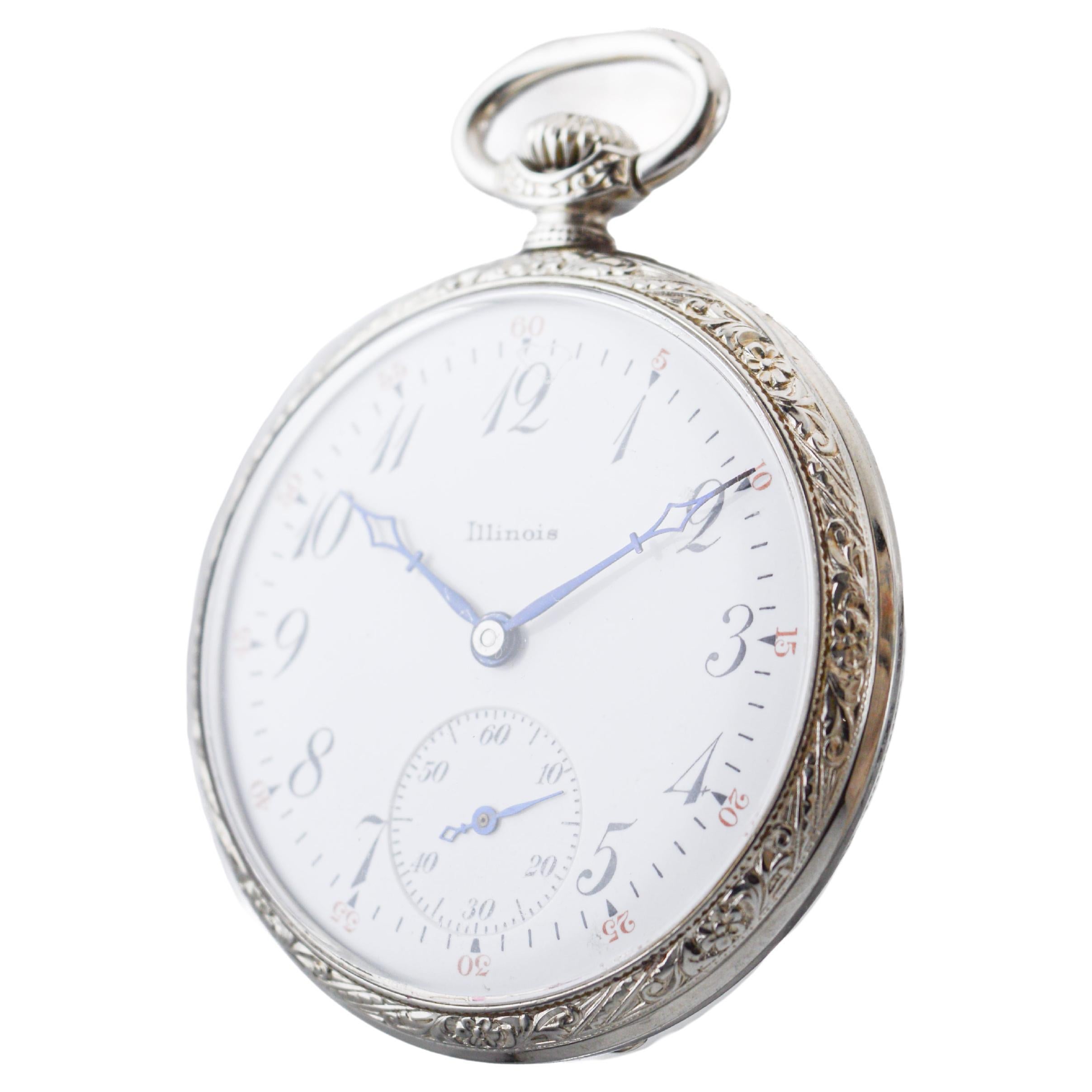 Illinois White Gold-Filled Art Deco Open Faced Pocket Watch Hand Engraved 1919 For Sale 3