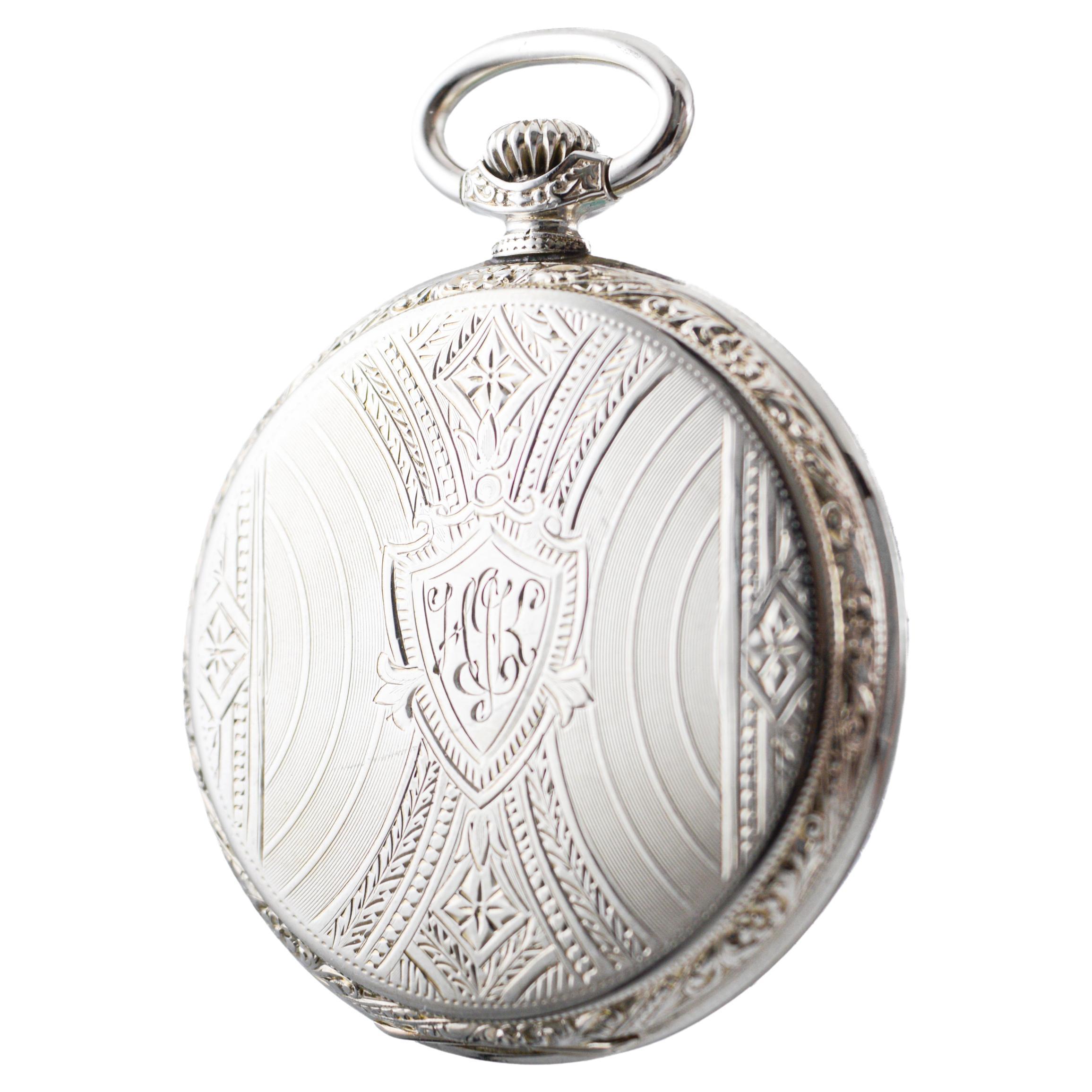 Illinois White Gold-Filled Art Deco Open Faced Pocket Watch Hand Engraved 1919 For Sale 5