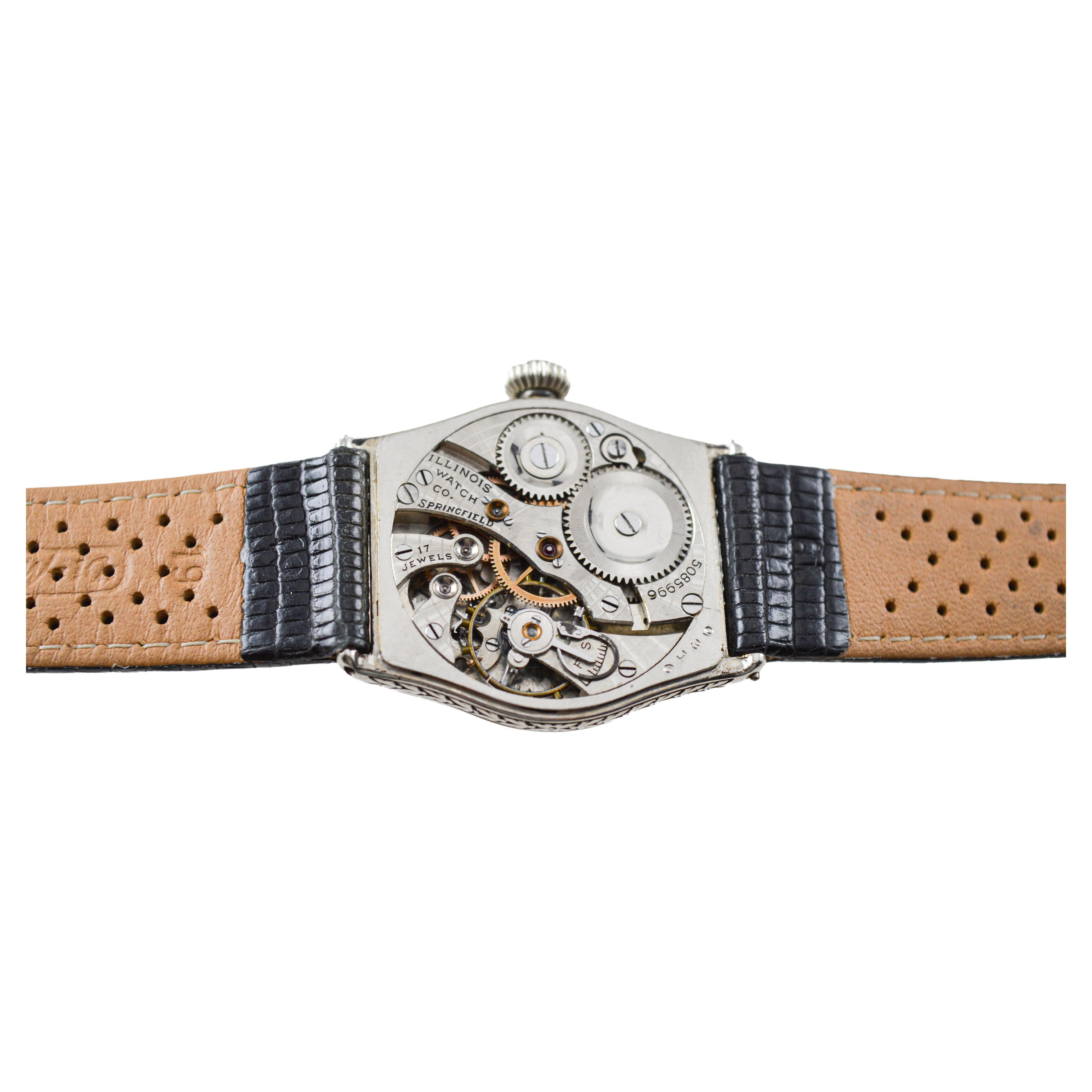 Illinois White Gold Filled Art Deco Watch circa 1920's Hand Engraved Case 9