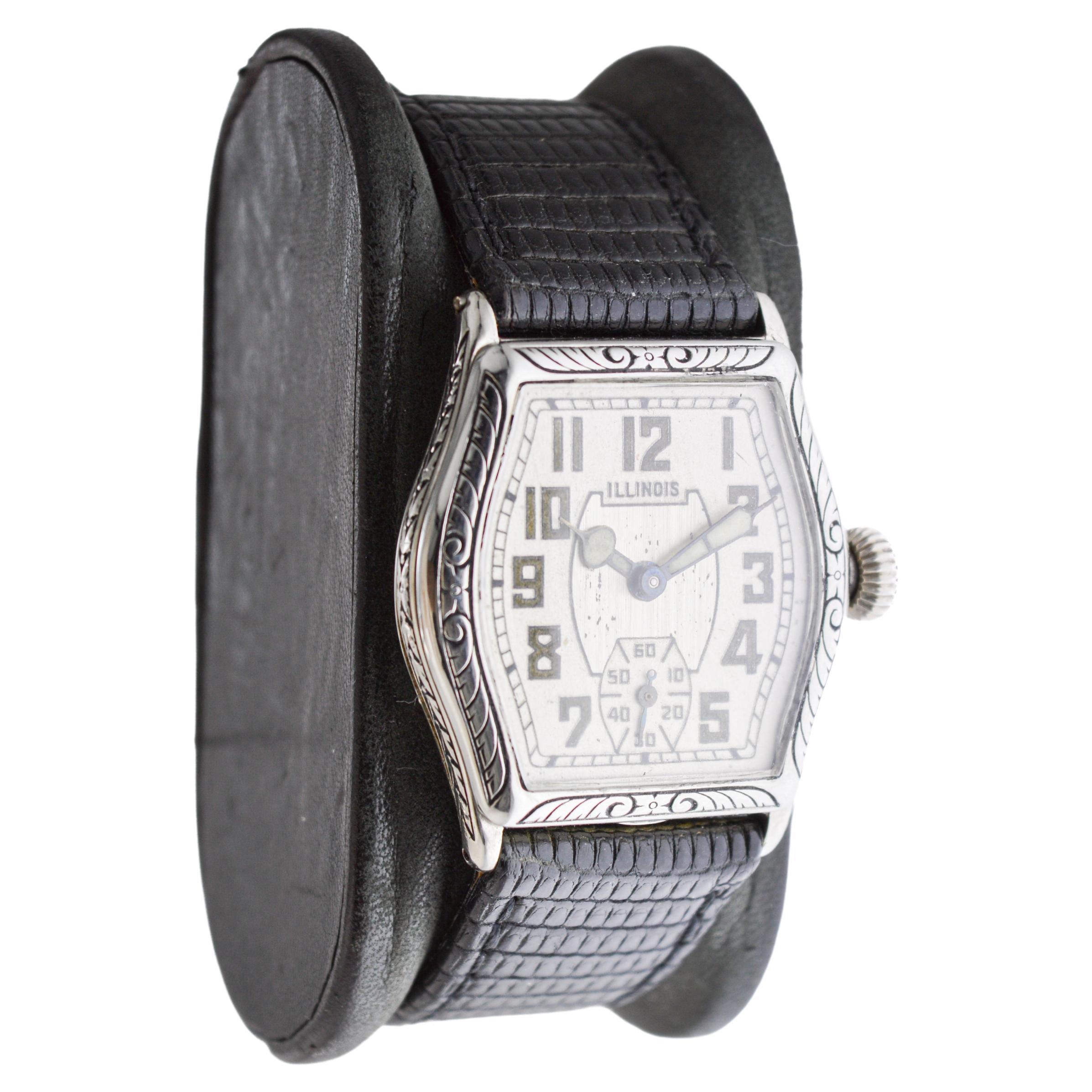 Illinois White Gold Filled Art Deco Watch circa 1920's Hand Engraved Case In Excellent Condition In Long Beach, CA