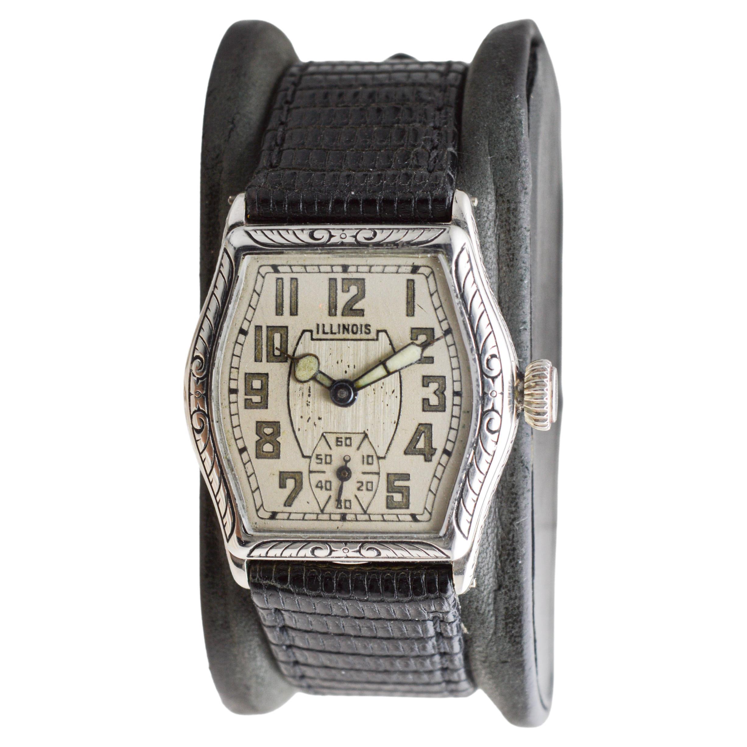 Illinois White Gold Filled Art Deco Watch circa 1920's Hand Engraved Case 1