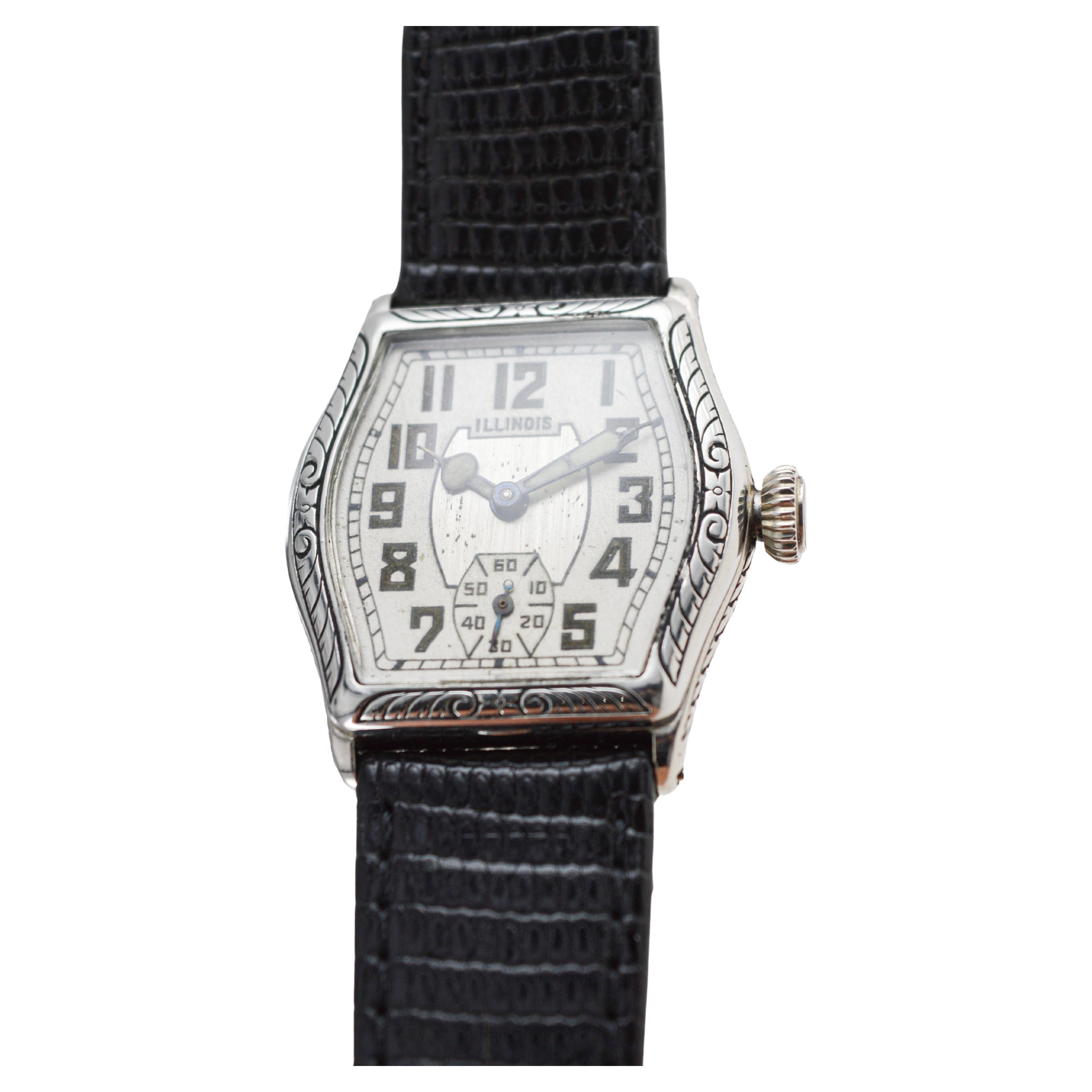 Illinois White Gold Filled Art Deco Watch circa 1920's Hand Engraved Case 2