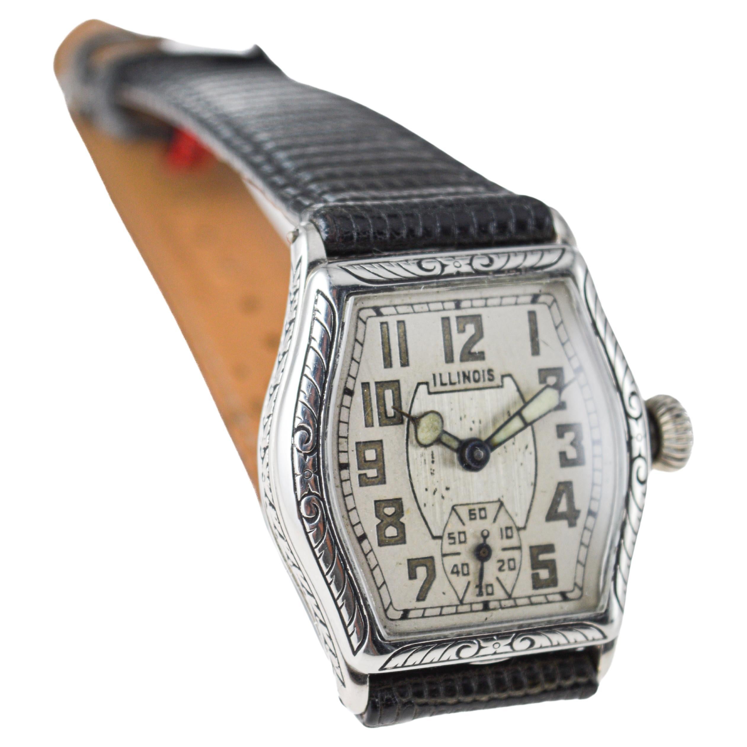 Illinois White Gold Filled Art Deco Watch circa 1920's Hand Engraved Case 3