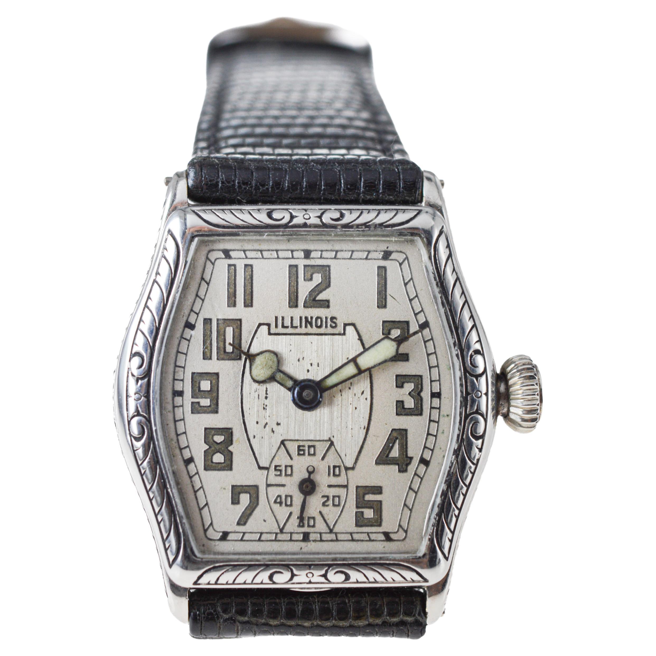Illinois White Gold Filled Art Deco Watch circa 1920's Hand Engraved Case 4