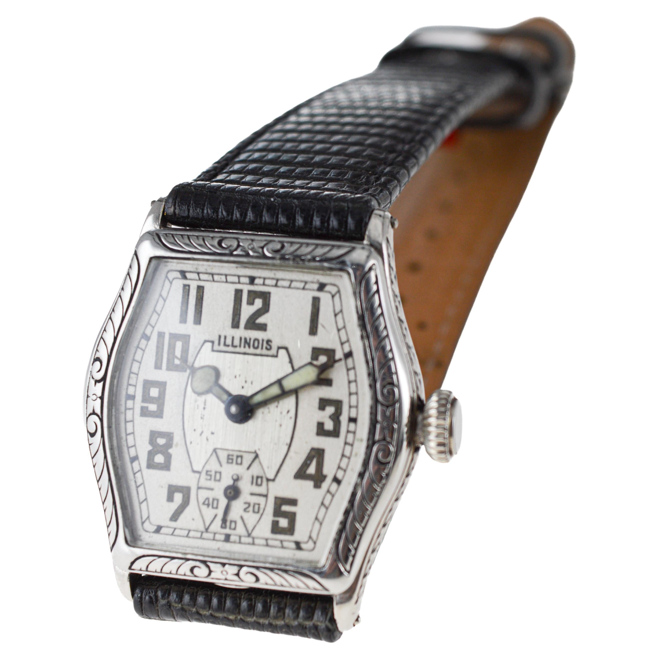 Illinois White Gold Filled Art Deco Watch circa 1920's Hand Engraved Case 5