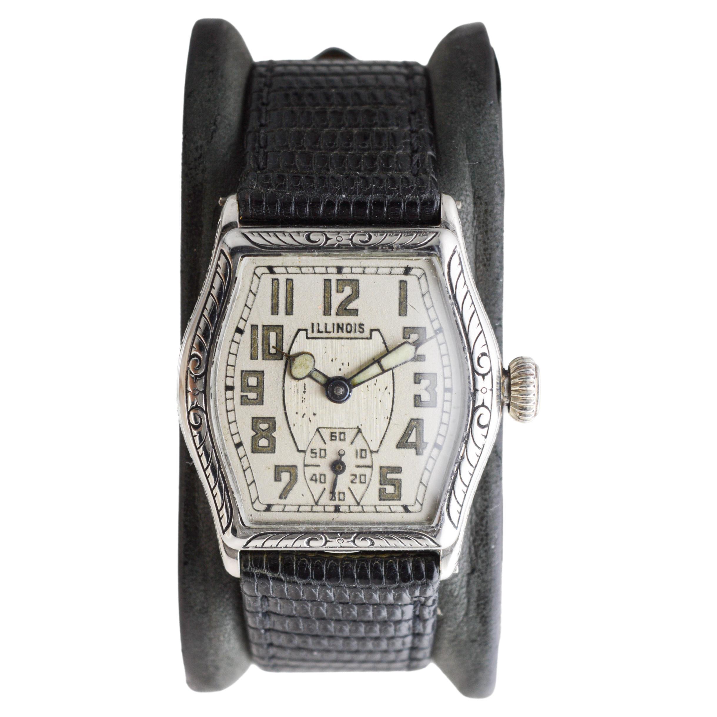Illinois White Gold Filled Art Deco Watch circa 1920's Hand Engraved Case