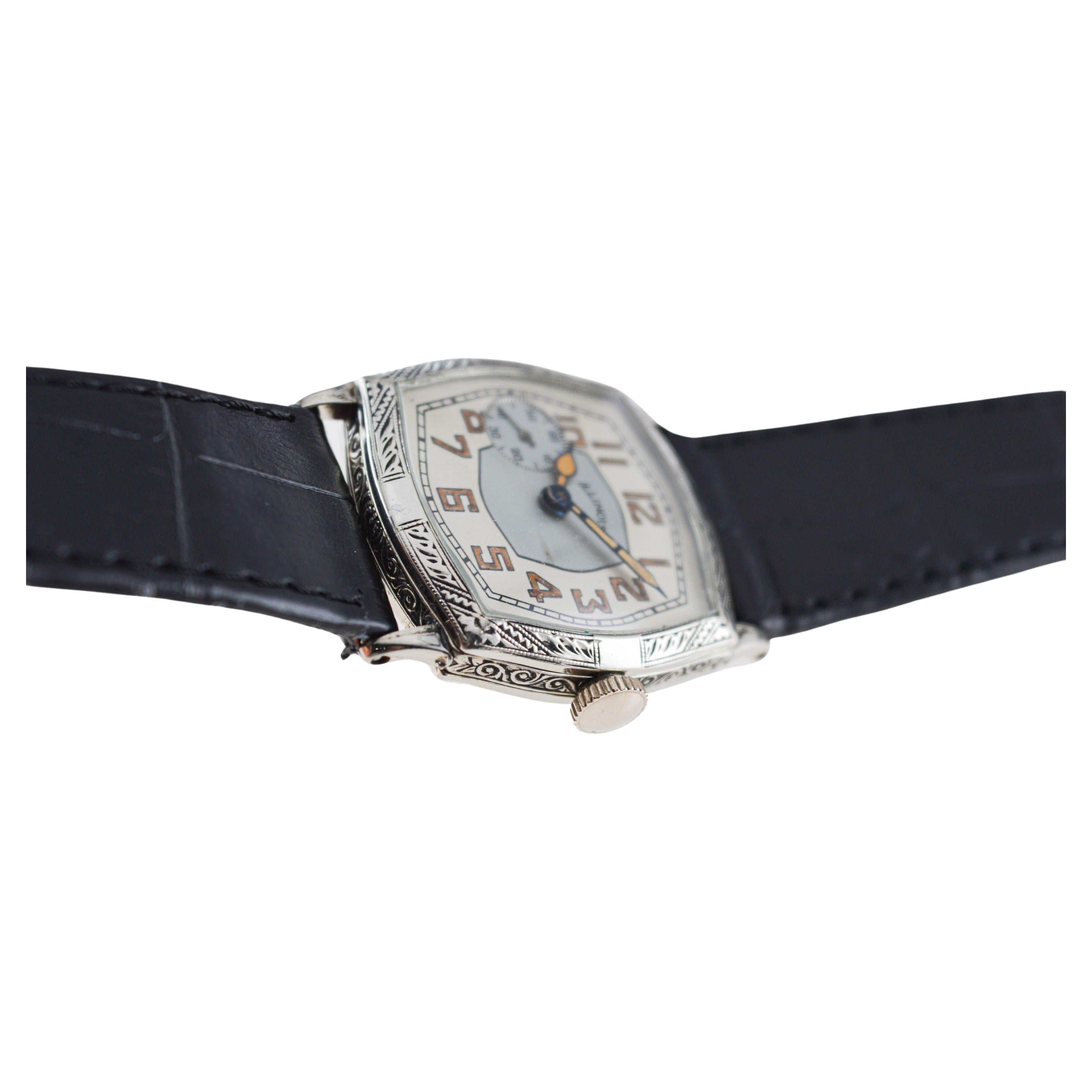Illinois White Gold Filled Art Deco Watch circa, 1928 Modified Tortue Shape For Sale 6