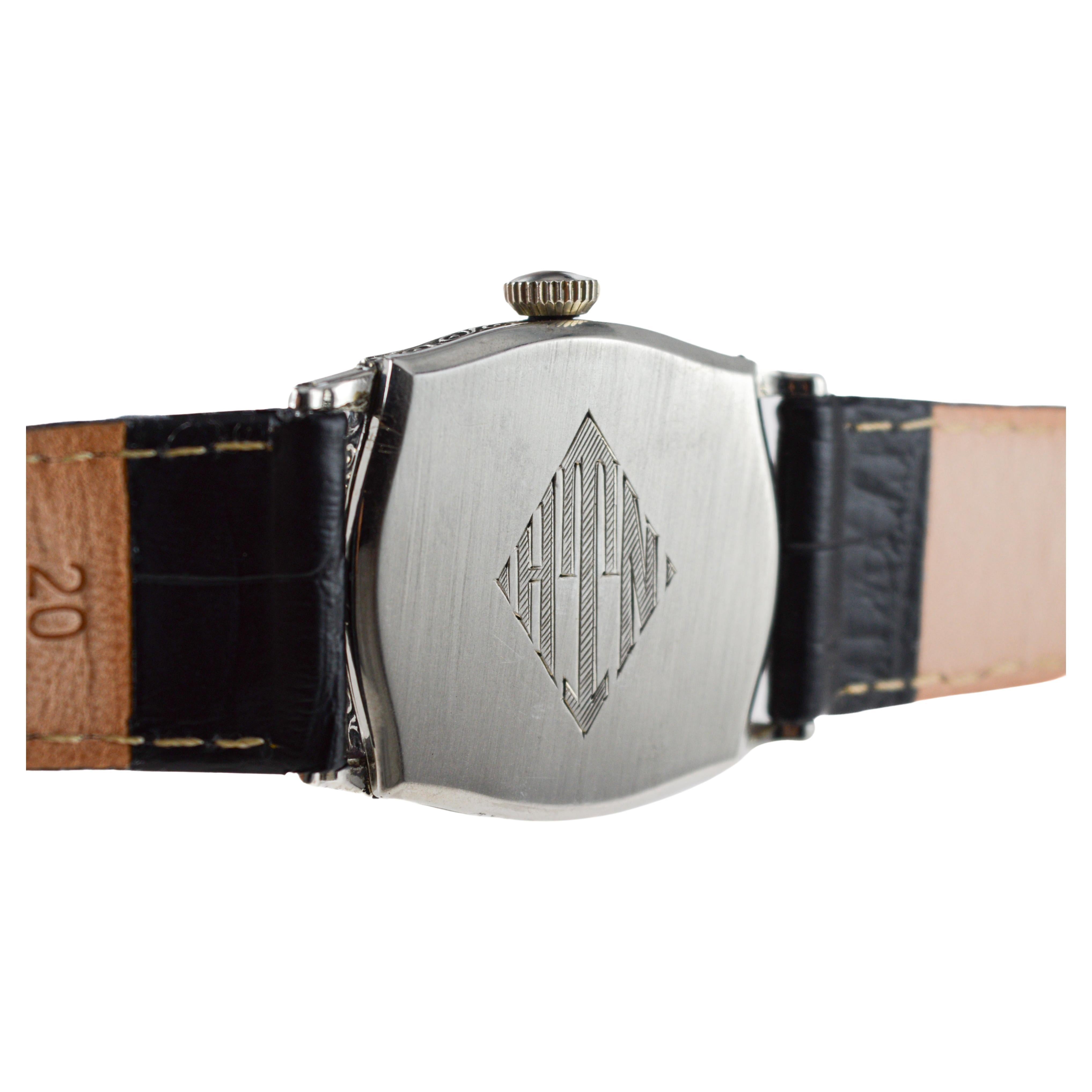 Illinois White Gold Filled Art Deco Watch circa, 1928 Modified Tortue Shape For Sale 8