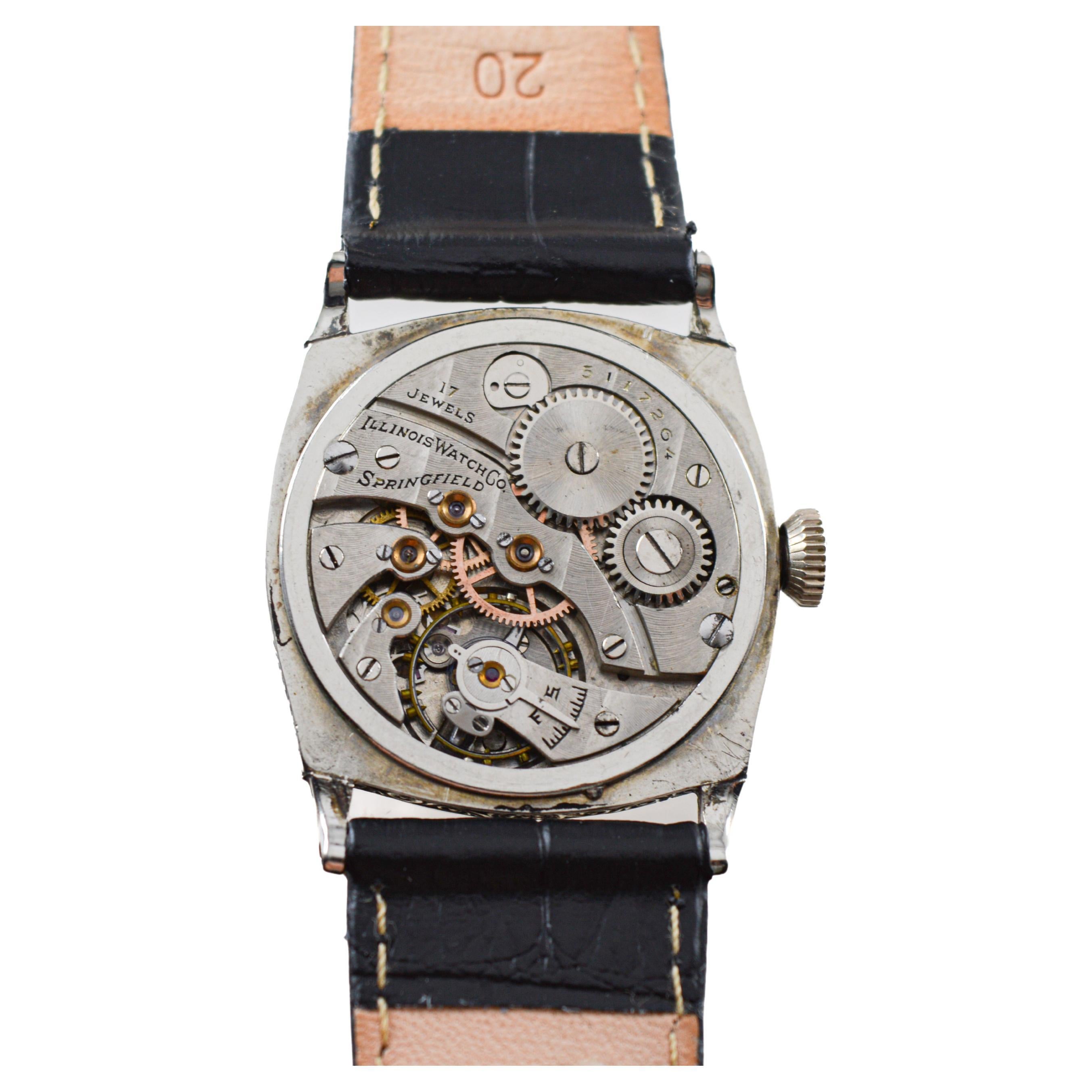 Illinois White Gold Filled Art Deco Watch circa, 1928 Modified Tortue Shape For Sale 10