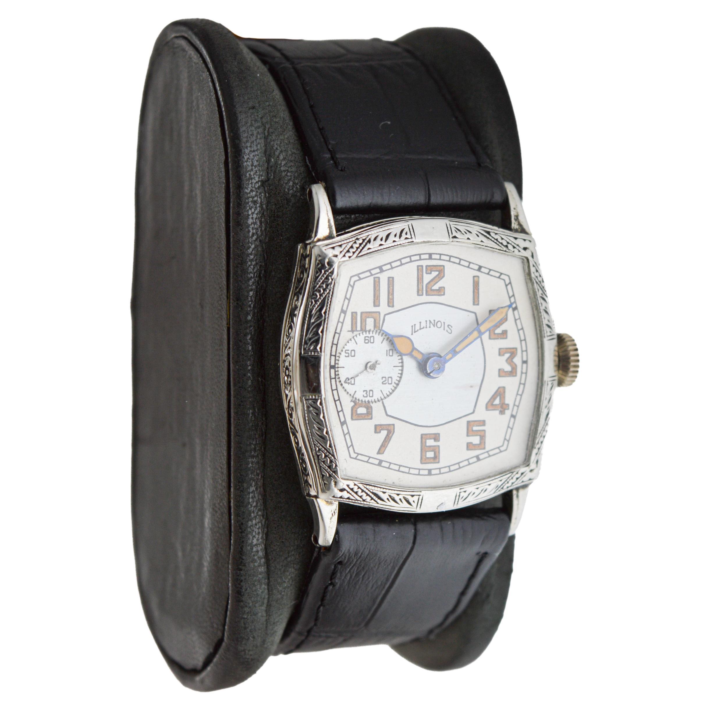 Illinois White Gold Filled Art Deco Watch circa, 1928 Modified Tortue Shape In Excellent Condition For Sale In Long Beach, CA