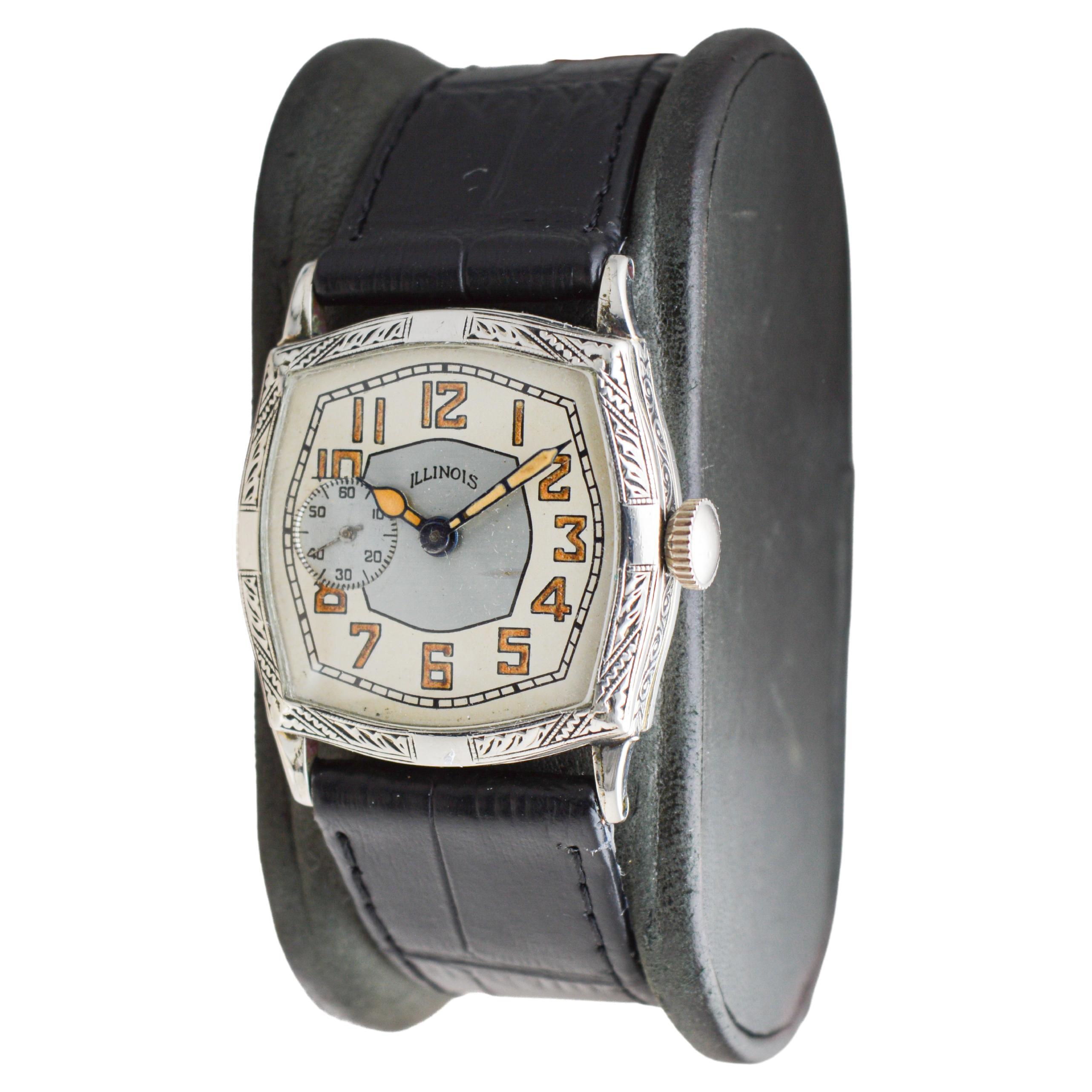 Women's or Men's Illinois White Gold Filled Art Deco Watch circa, 1928 Modified Tortue Shape For Sale