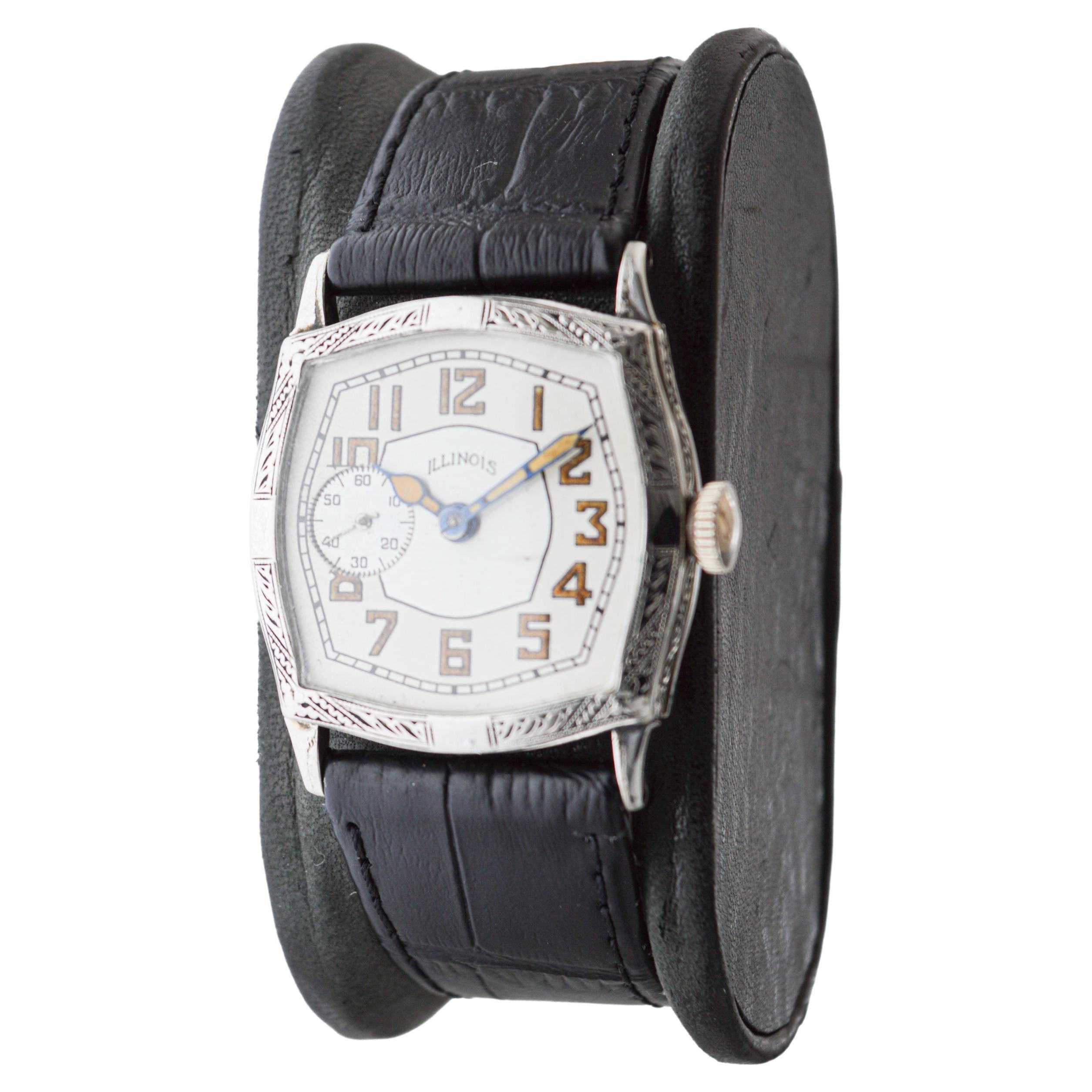 Illinois White Gold Filled Art Deco Watch circa, 1928 Modified Tortue Shape For Sale 1