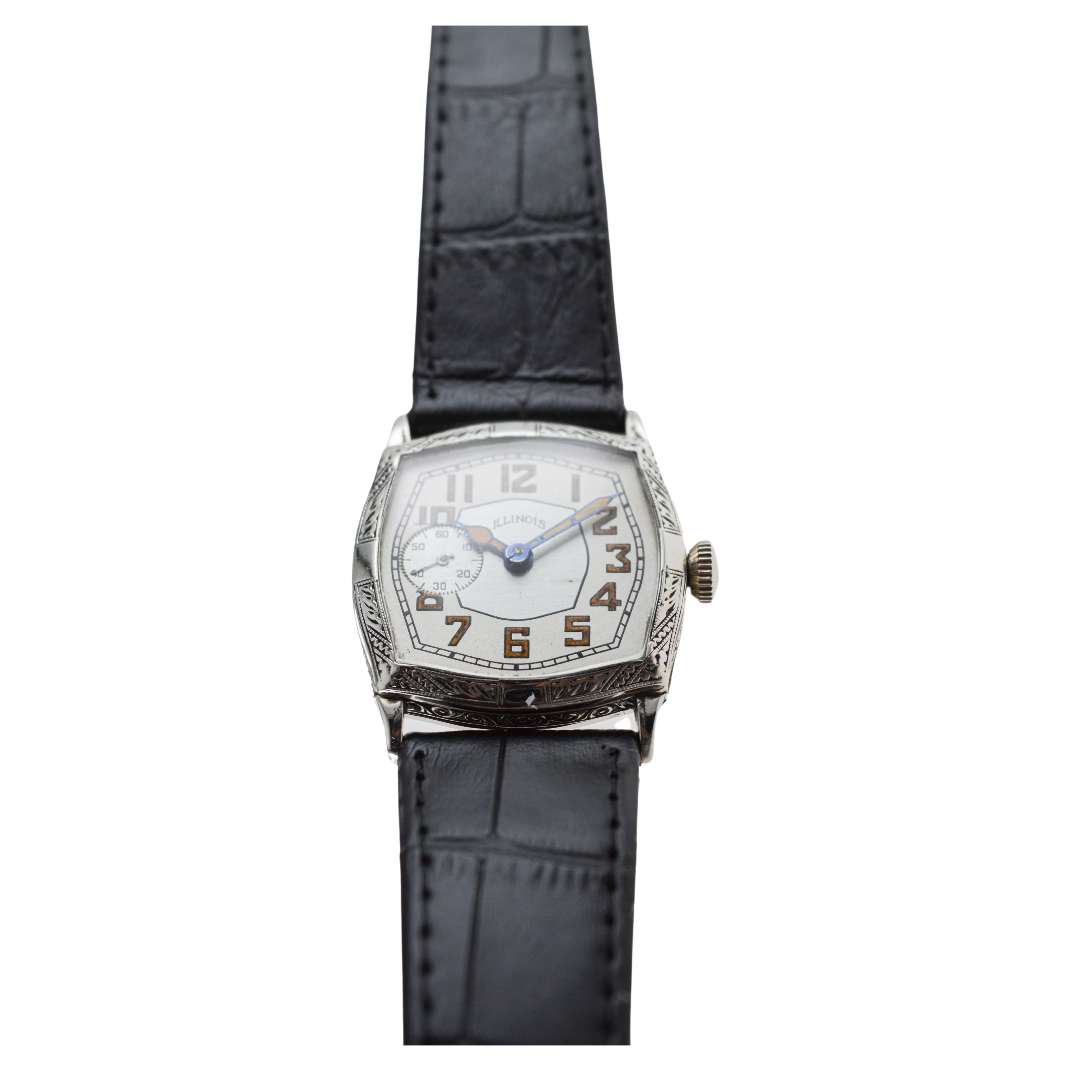 Illinois White Gold Filled Art Deco Watch circa, 1928 Modified Tortue Shape For Sale 2