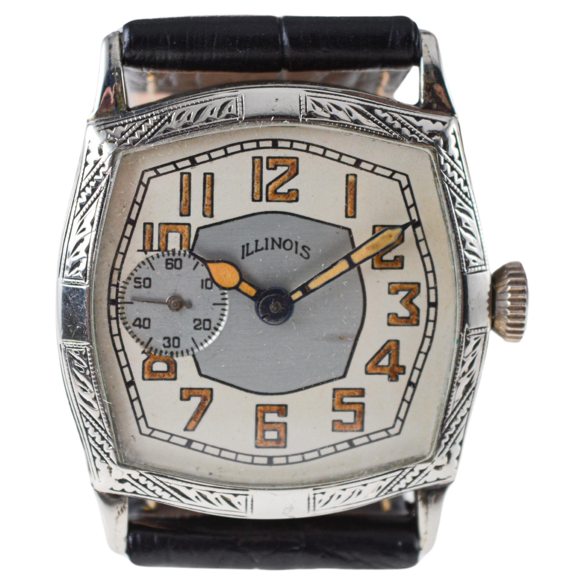 Illinois White Gold Filled Art Deco Watch circa, 1928 Modified Tortue Shape For Sale 4