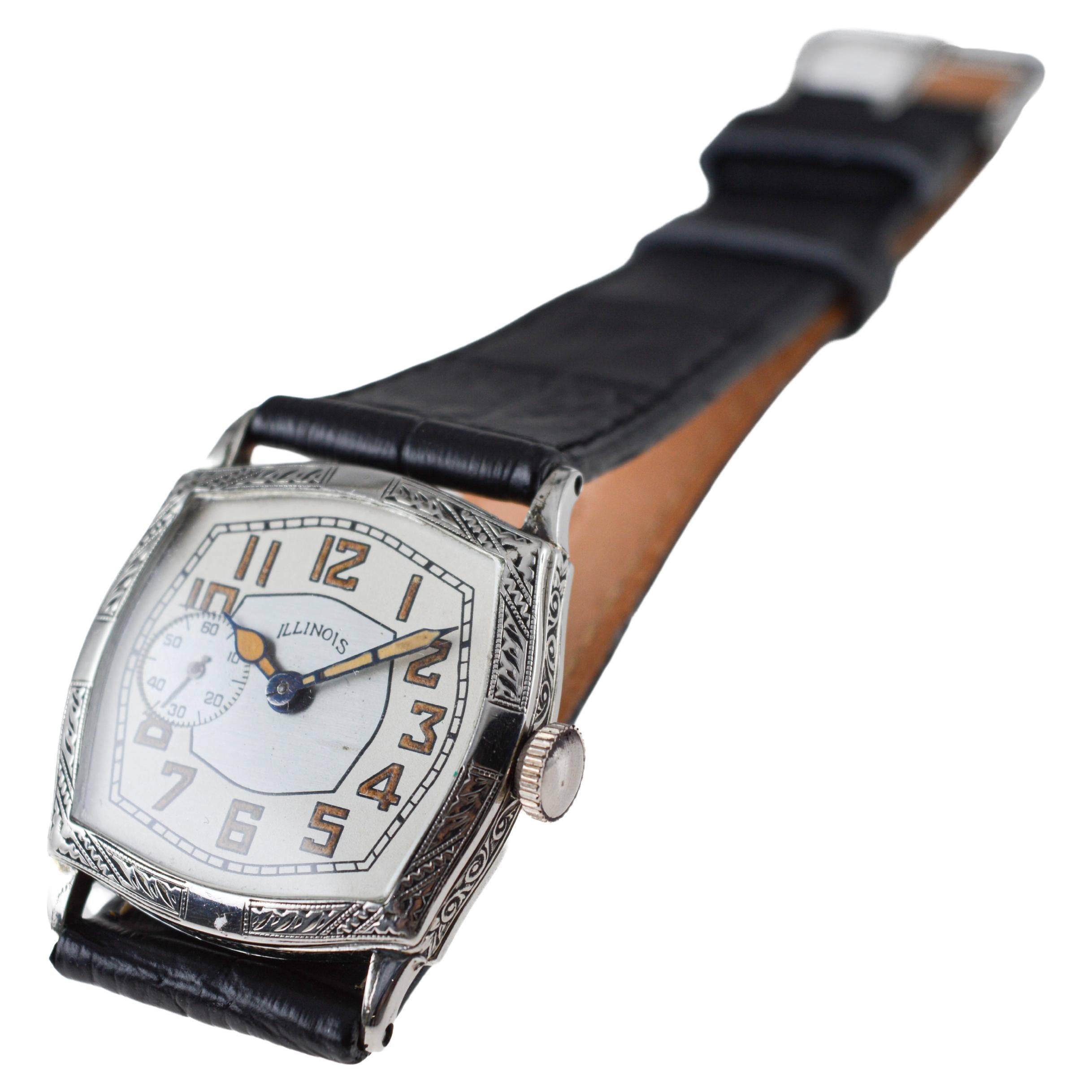 Illinois White Gold Filled Art Deco Watch circa, 1928 Modified Tortue Shape For Sale 5
