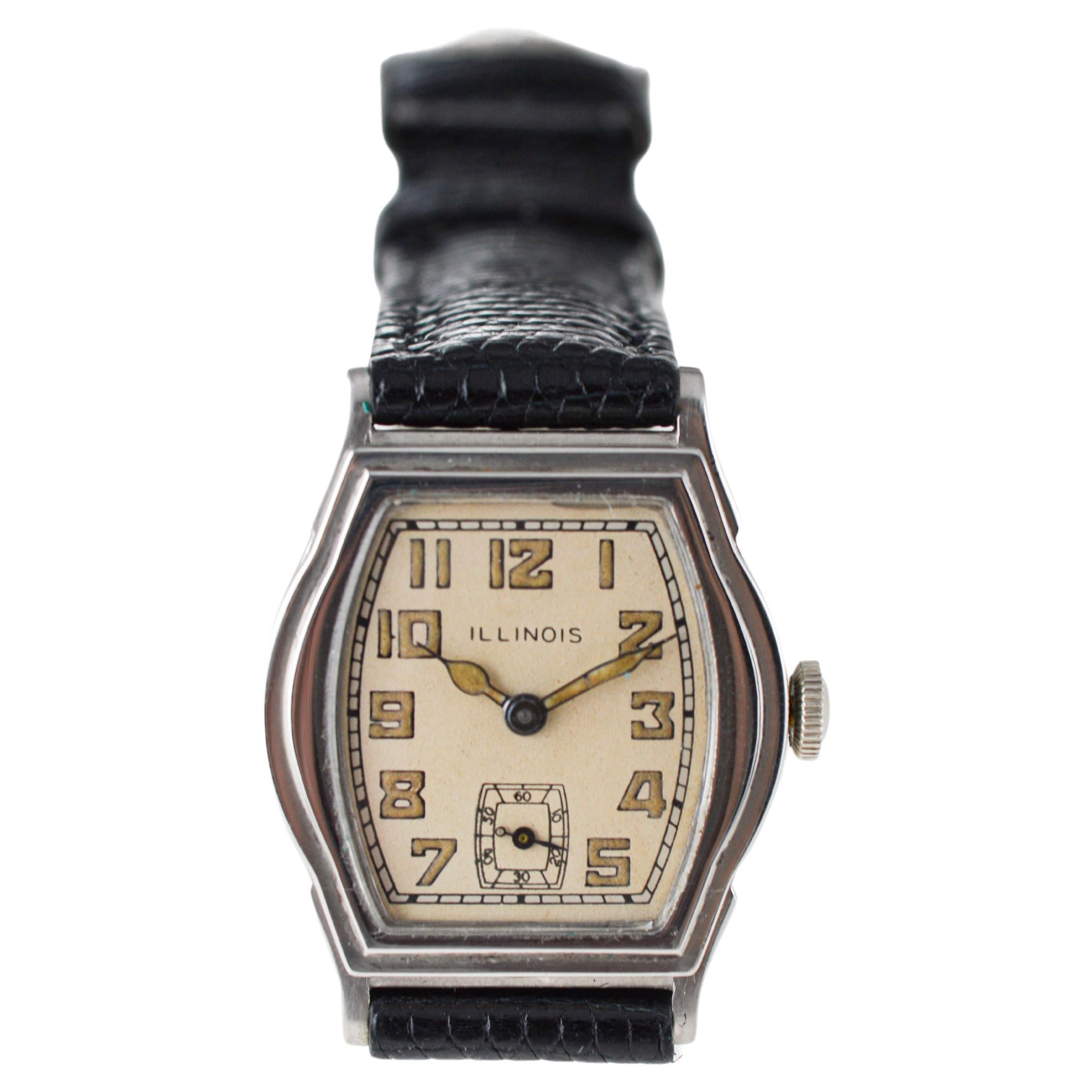 Illinois White Gold Filled Rare Model Art Deco Tortue Shaped Watch For Sale 6