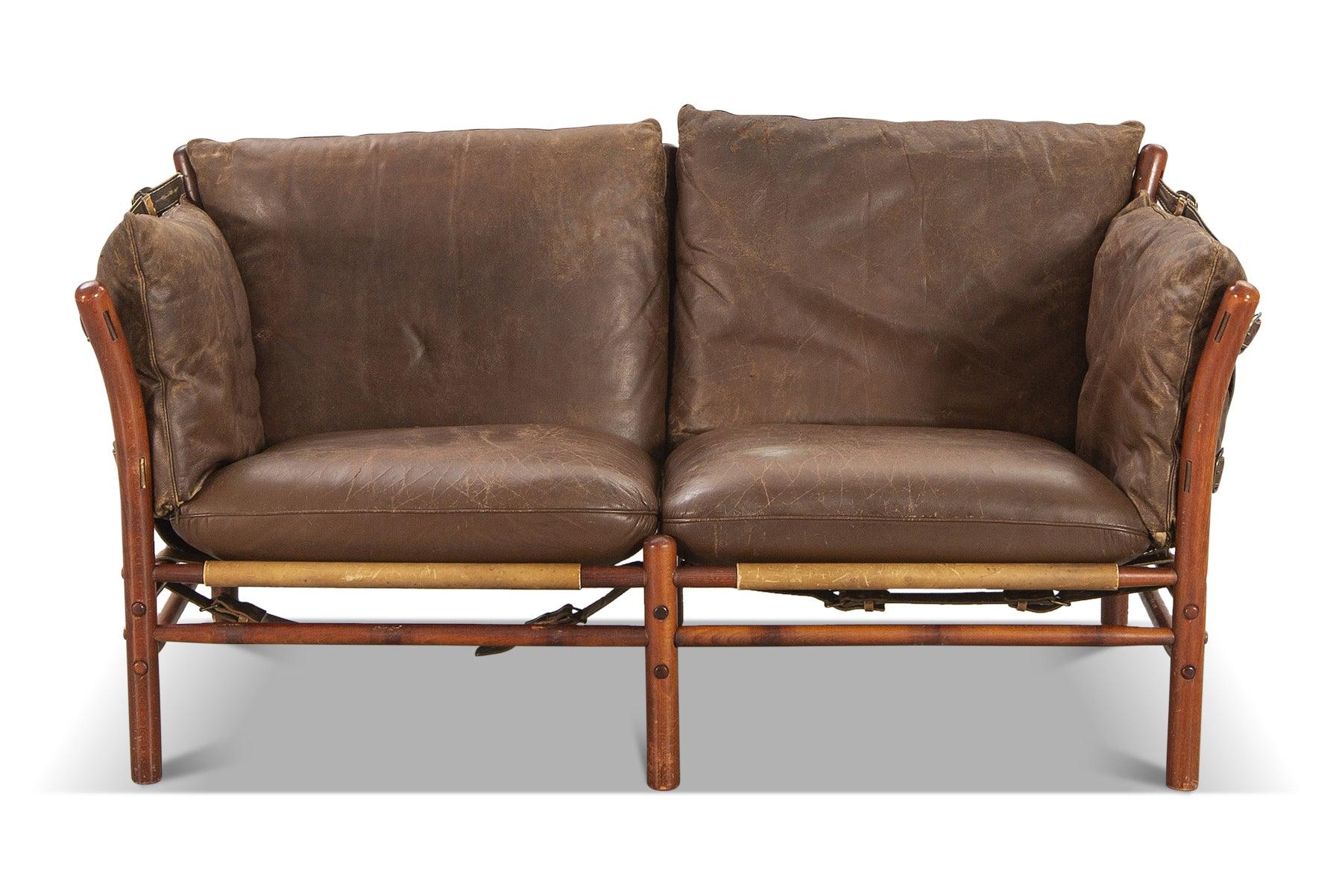 Mid-Century Modern Illona Loveseat in Patinated Green Leather by Are Norell For Sale