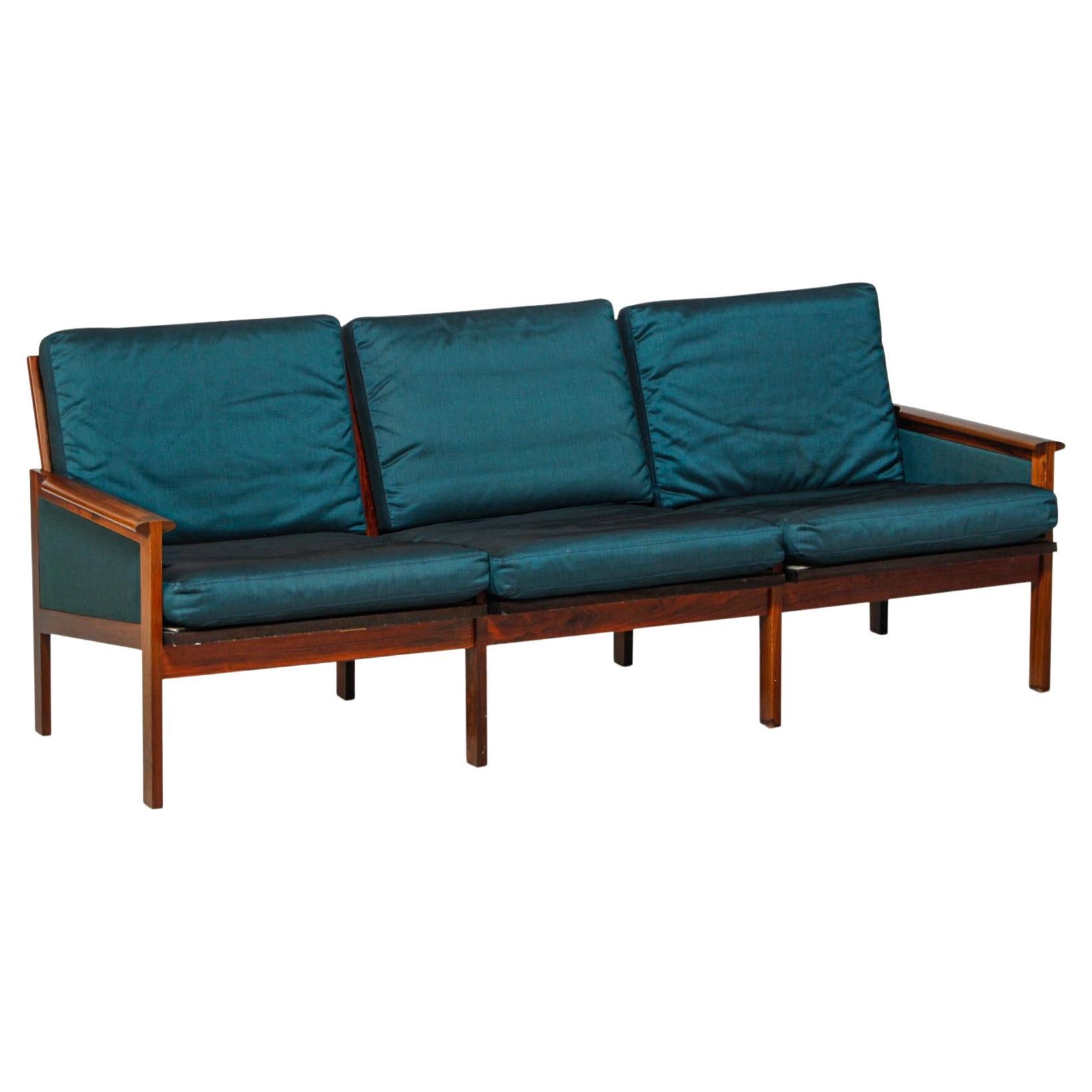 Illum Wikkelsø "Capella" Three Seat Sofa in Rosewood + Blue Sharkskin Wool For Sale