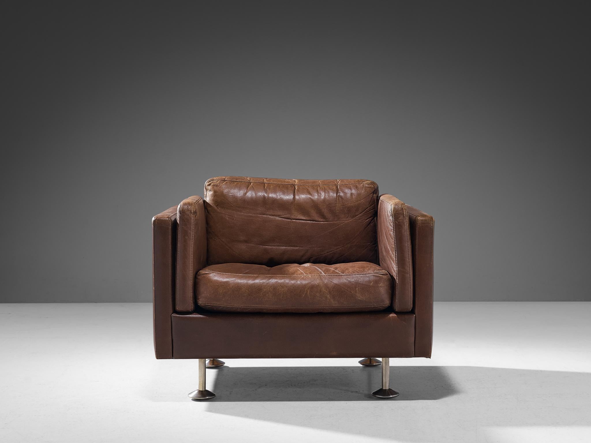 Danish Illum Wikkelsø Cubic Lounge Chair in Brown Leather