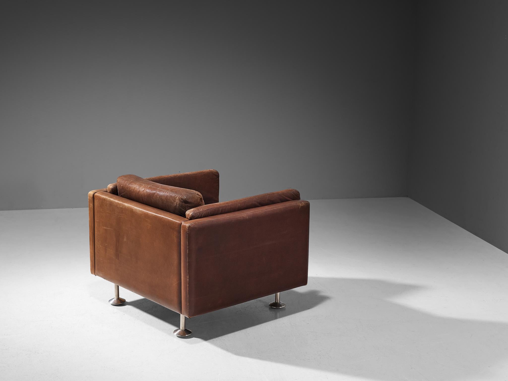 Stainless Steel Illum Wikkelsø Cubic Lounge Chair in Brown Leather