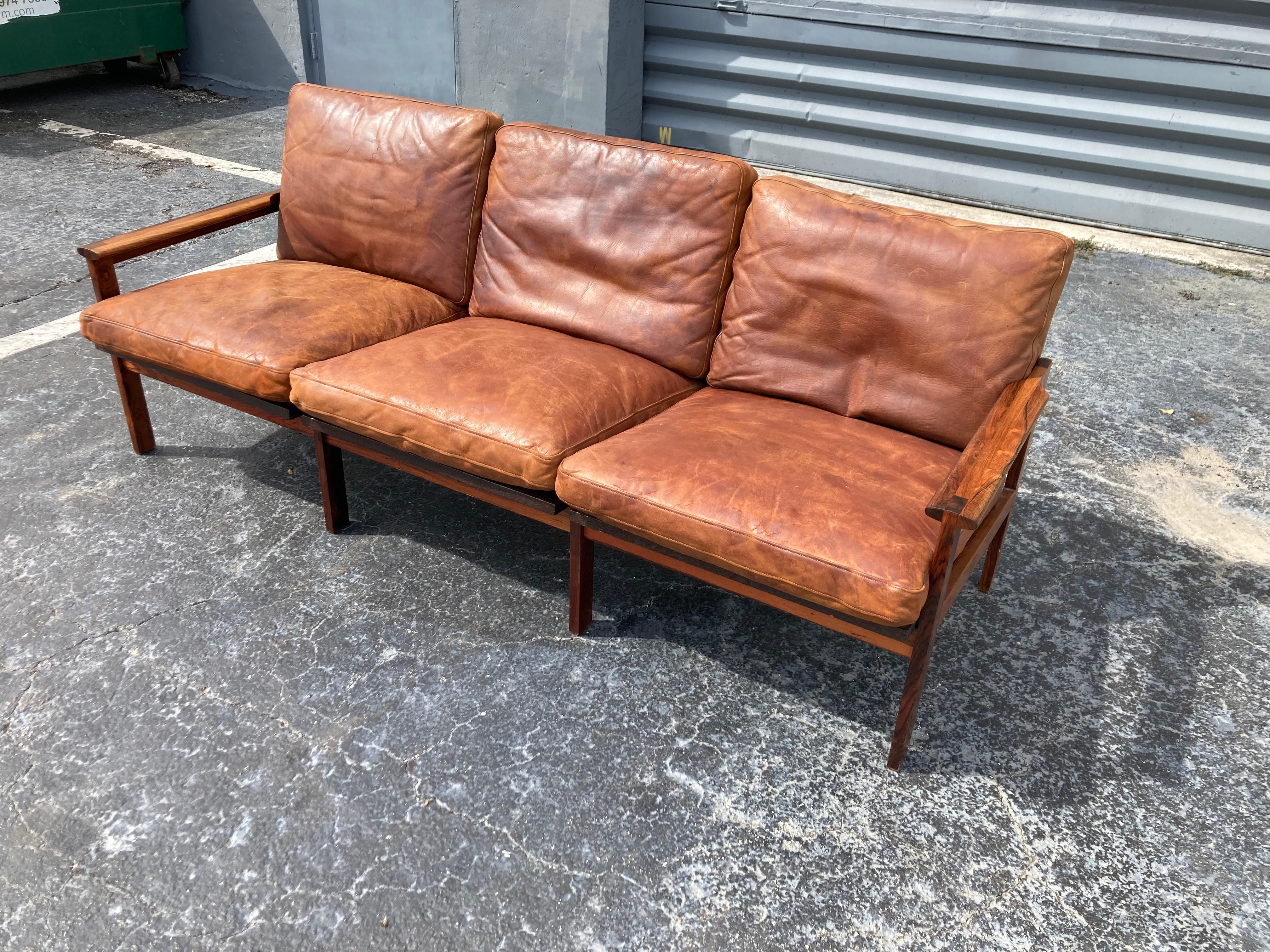 Illum Wikkelsø Danish Modern Leather 'Capella' Sofa Cognac Leather Rosewood For Sale 4