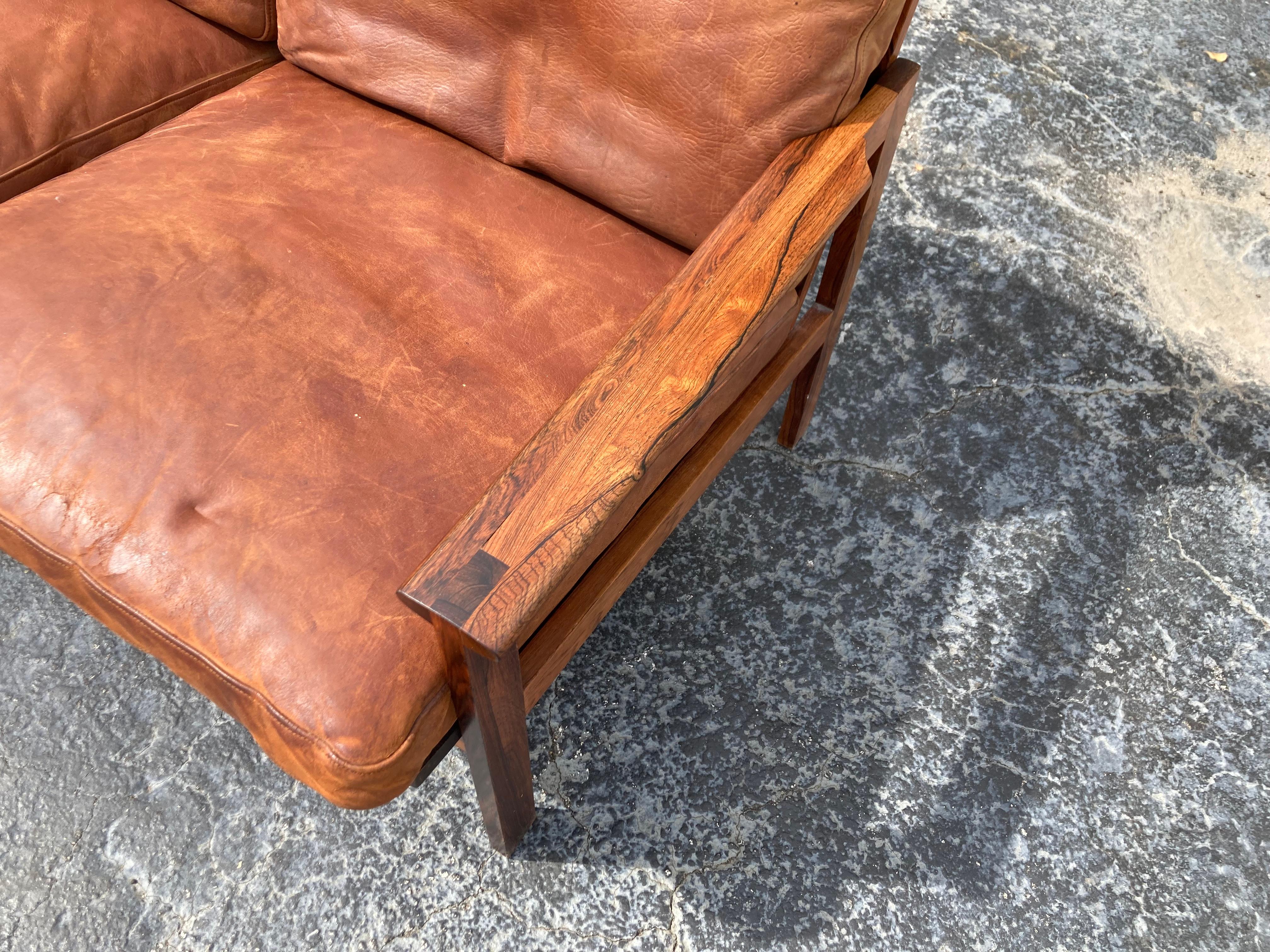 Illum Wikkelsø Danish Modern Leather 'Capella' Sofa Cognac Leather Rosewood For Sale 7