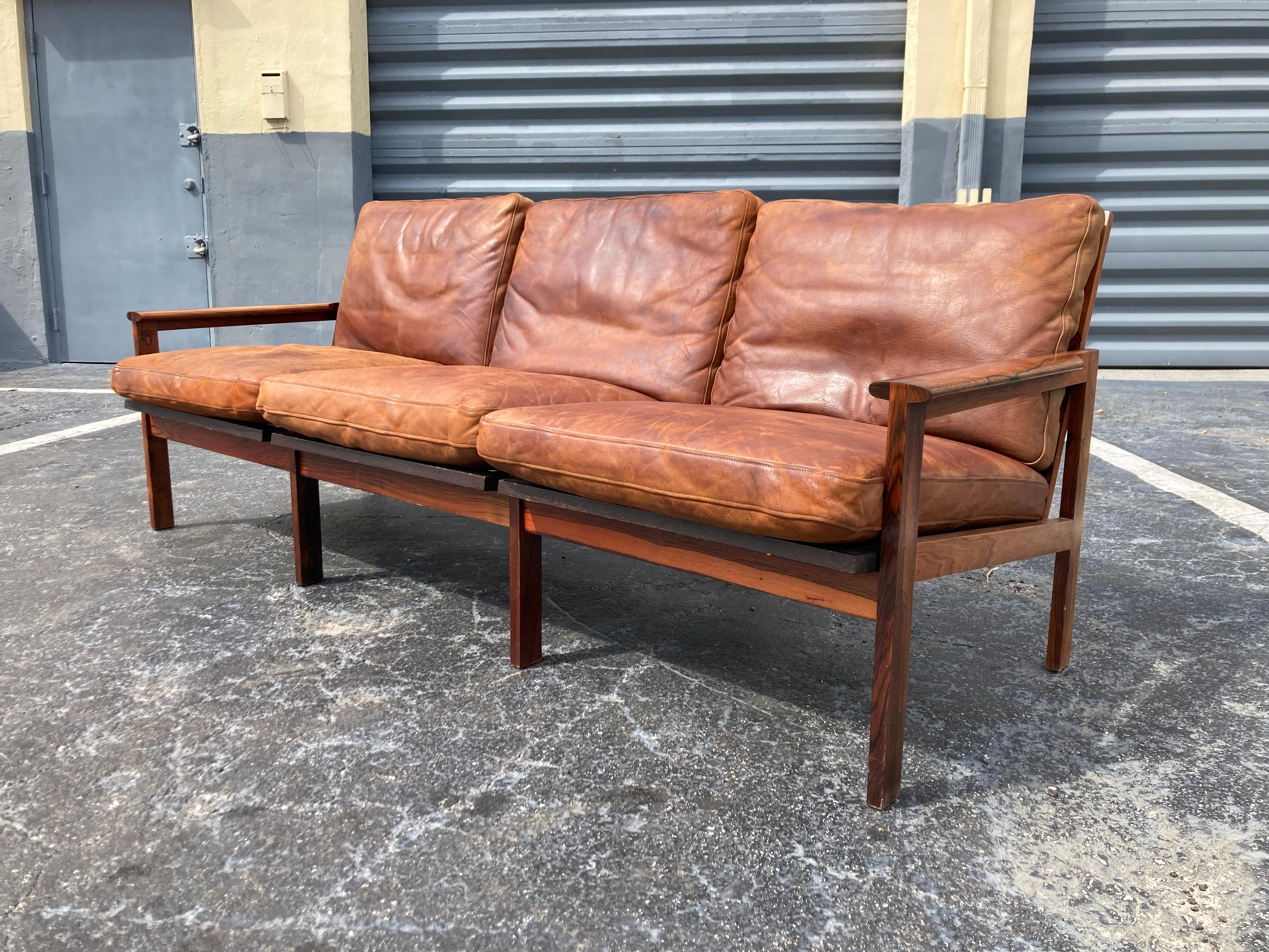 Illum Wikkelsø Danish Modern Leather 'Capella' Sofa Cognac Leather Rosewood For Sale 10