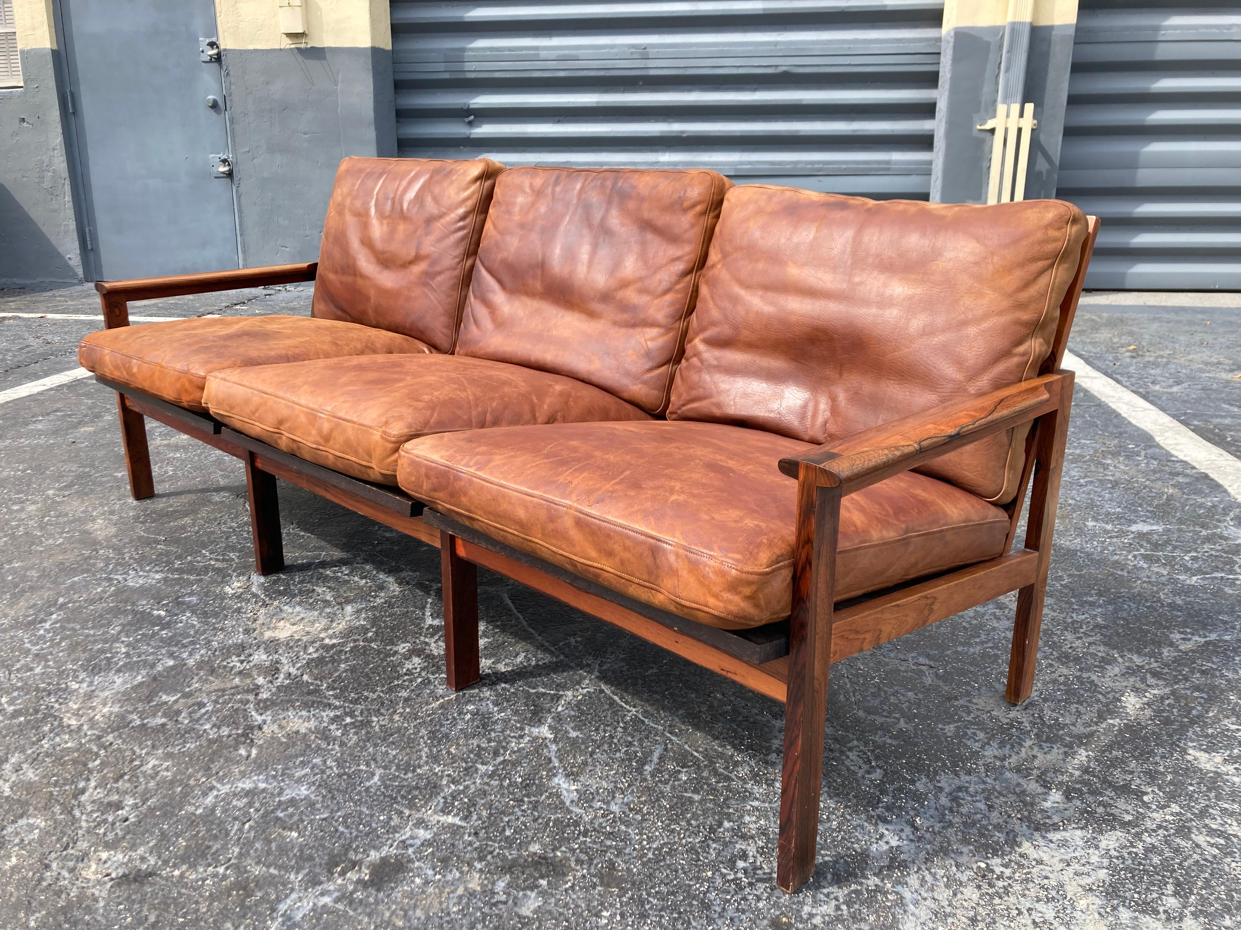 Illum Wikkelsø Danish Modern Leather 'Capella' Sofa Cognac Leather Rosewood For Sale 11