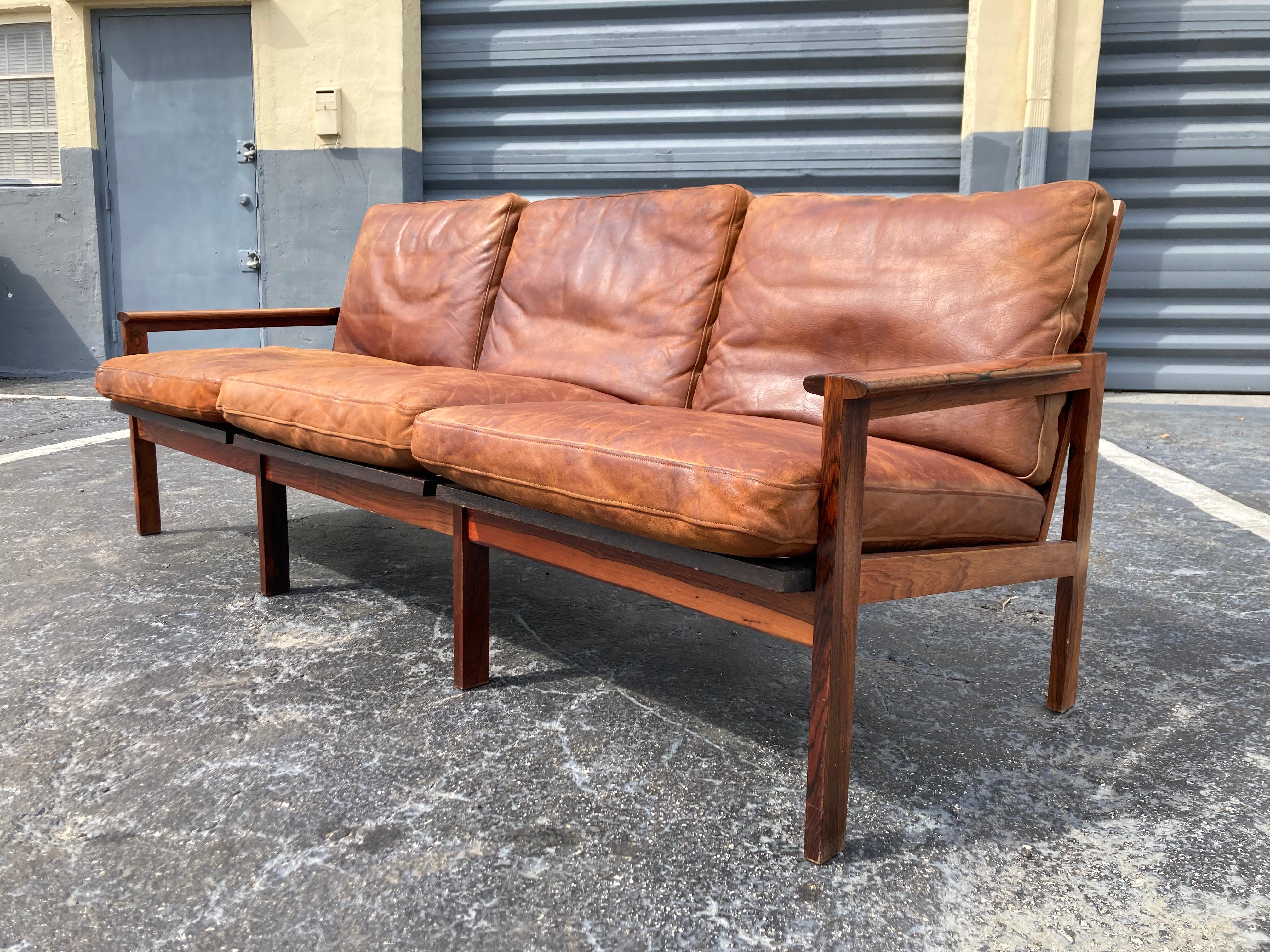 Illum Wikkelsø Danish Modern Leather 'Capella' Sofa Cognac Leather Rosewood For Sale 12