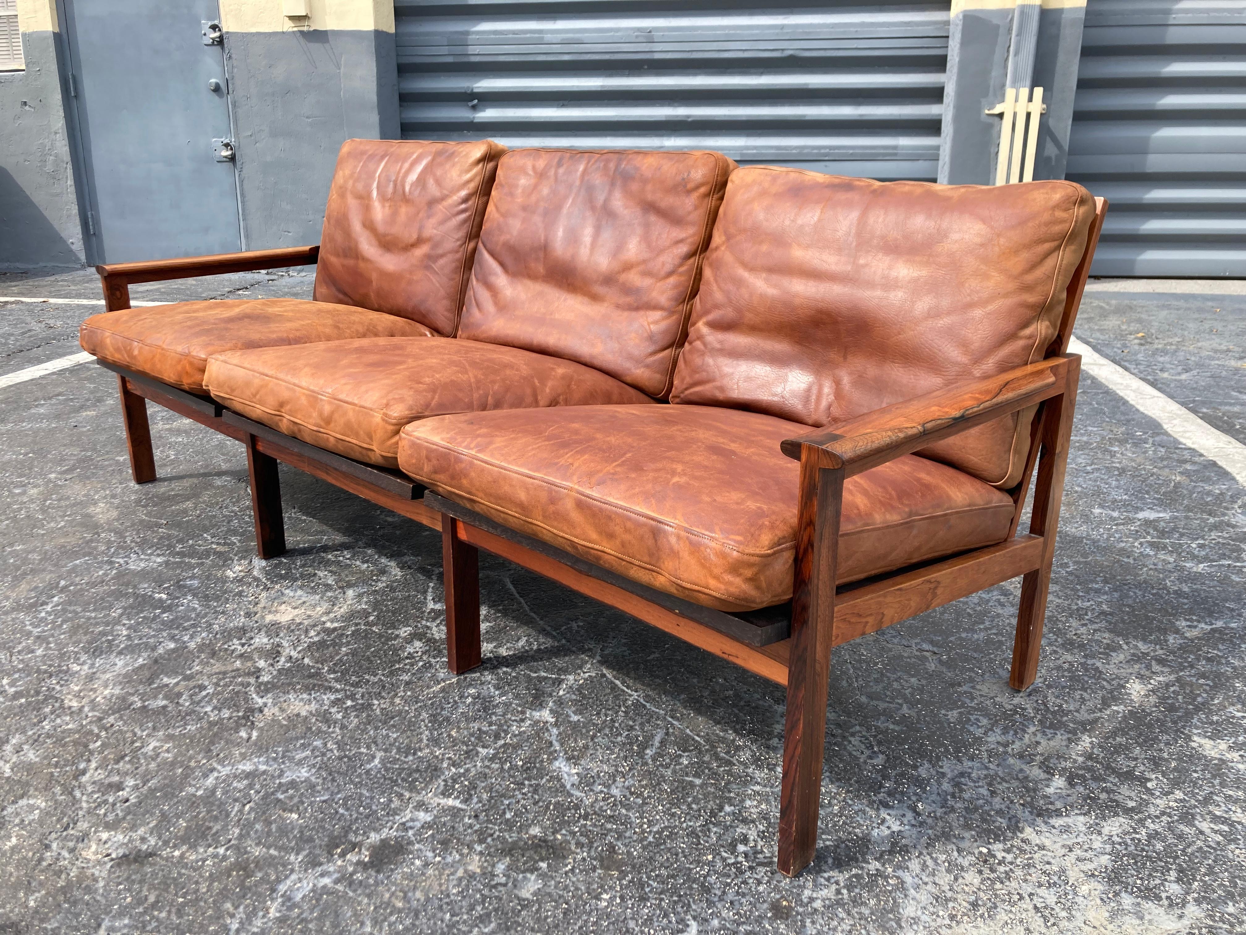 Illum Wikkelsø Danish Modern Leather 'Capella' Sofa Cognac Leather Rosewood In Good Condition For Sale In Miami, FL