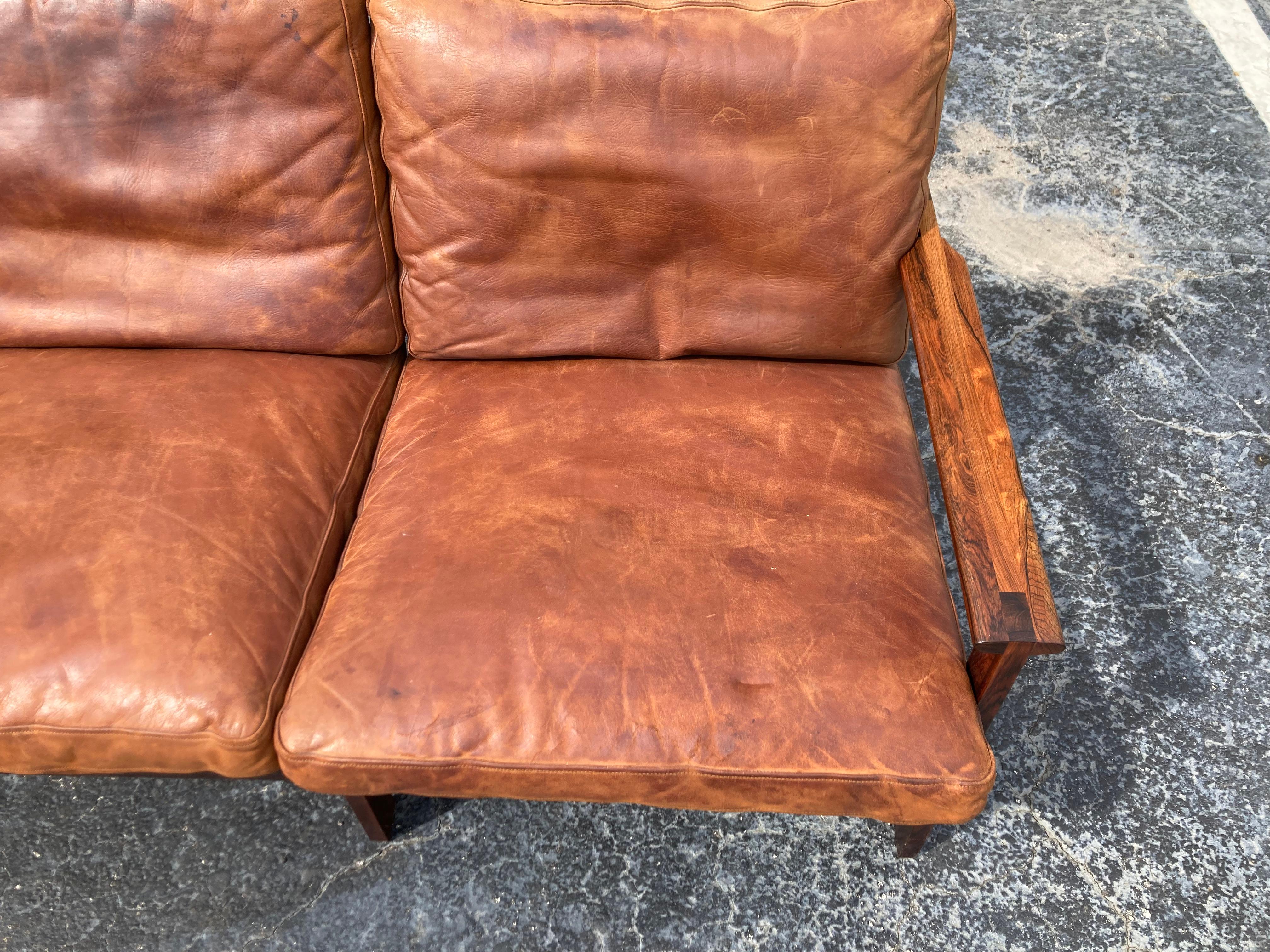 Illum Wikkelsø Danish Modern Leather 'Capella' Sofa Cognac Leather Rosewood For Sale 2