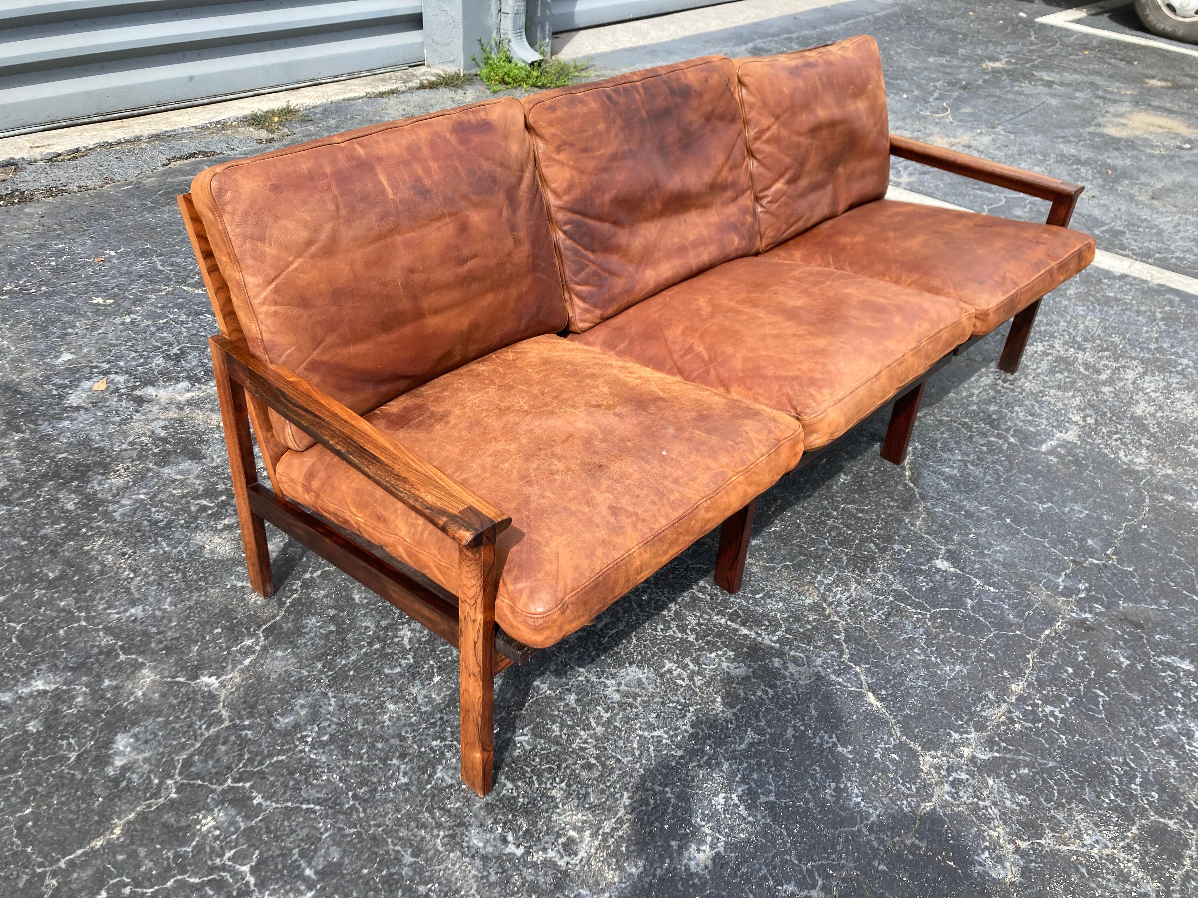 Illum Wikkelsø Danish Modern Leather 'Capella' Sofa Cognac Leather Rosewood For Sale 3