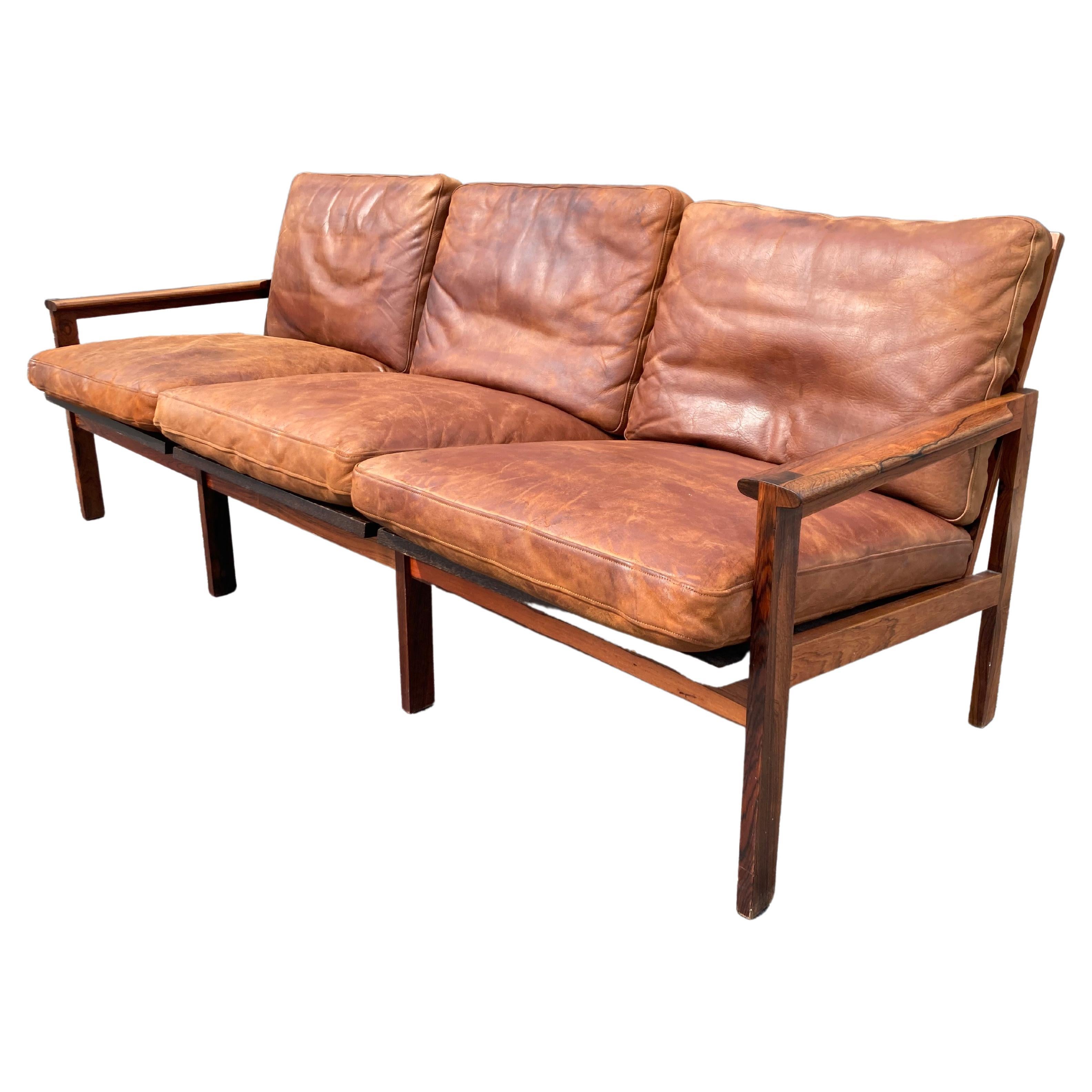 Illum Wikkelsø Danish Modern Leather 'Capella' Sofa Cognac Leather Rosewood For Sale