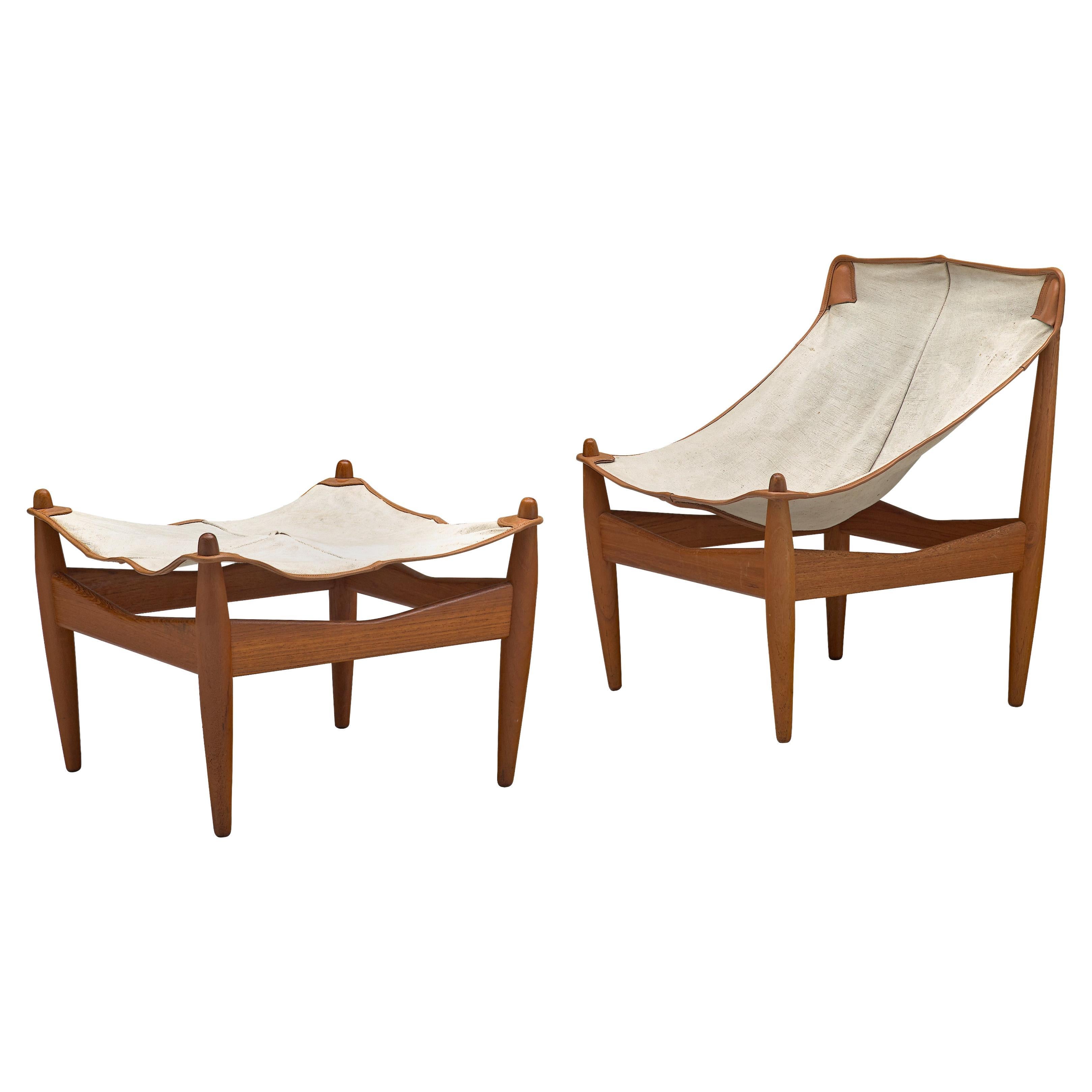 Illum Wikkelsø Easy Chair and Ottoman with Canvas Seat