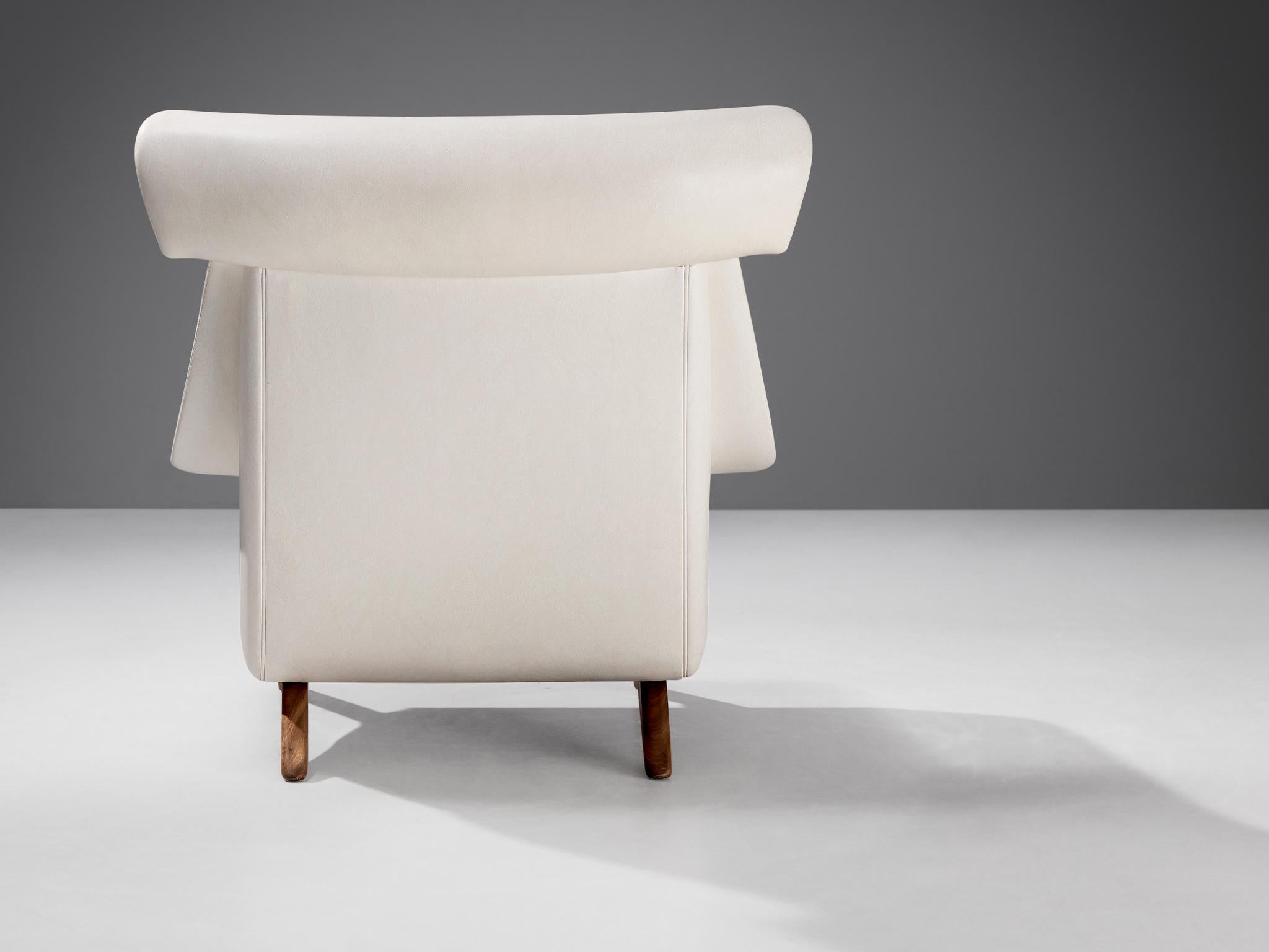 Scandinavian Modern Illum Wikkelsø Easy Chair in Pearlescent White Leatherette and Teak 