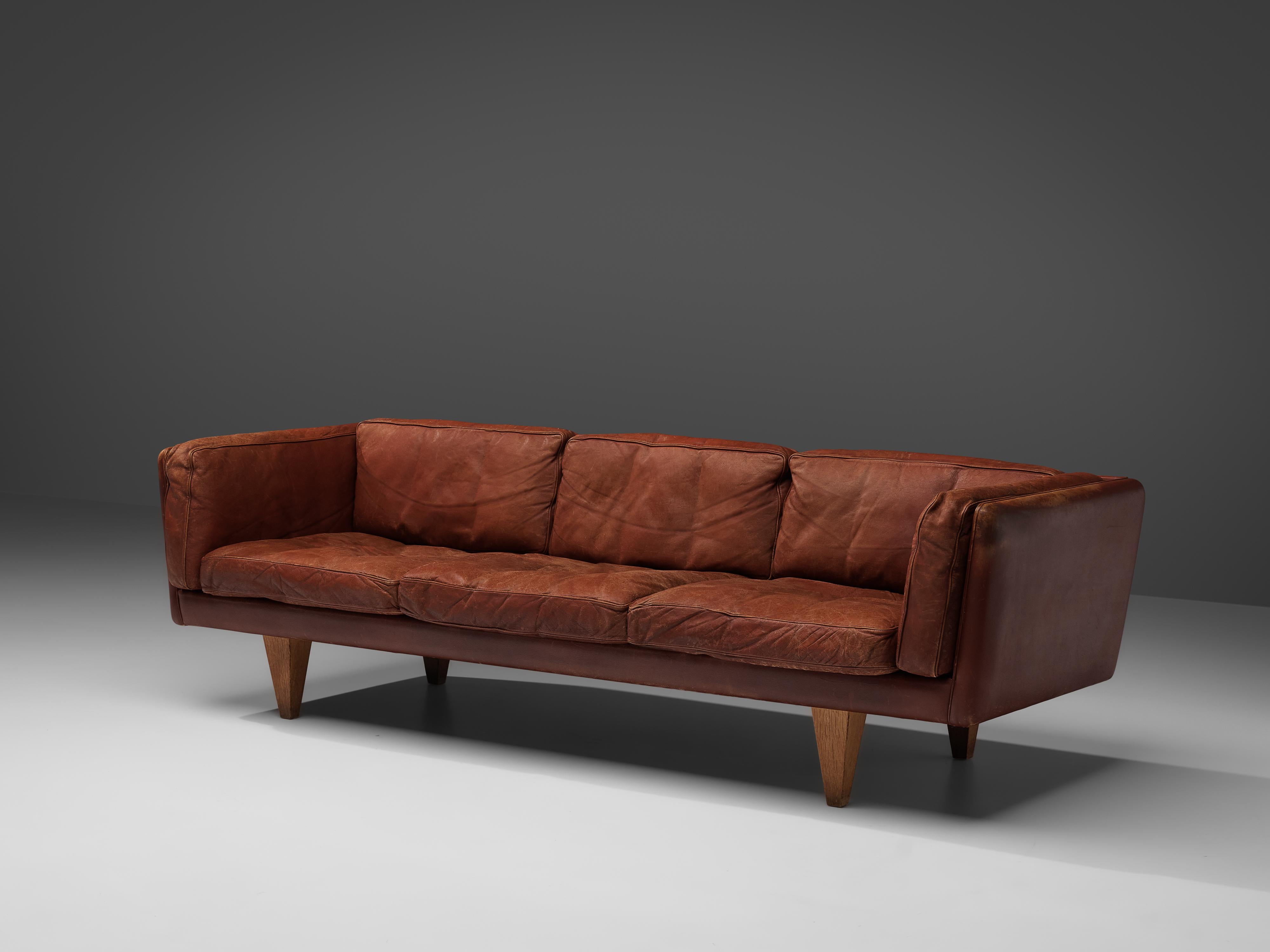 Danish Illum Wikkelsø for Holger Christiansen Three-Seat Sofa in Brown Leather