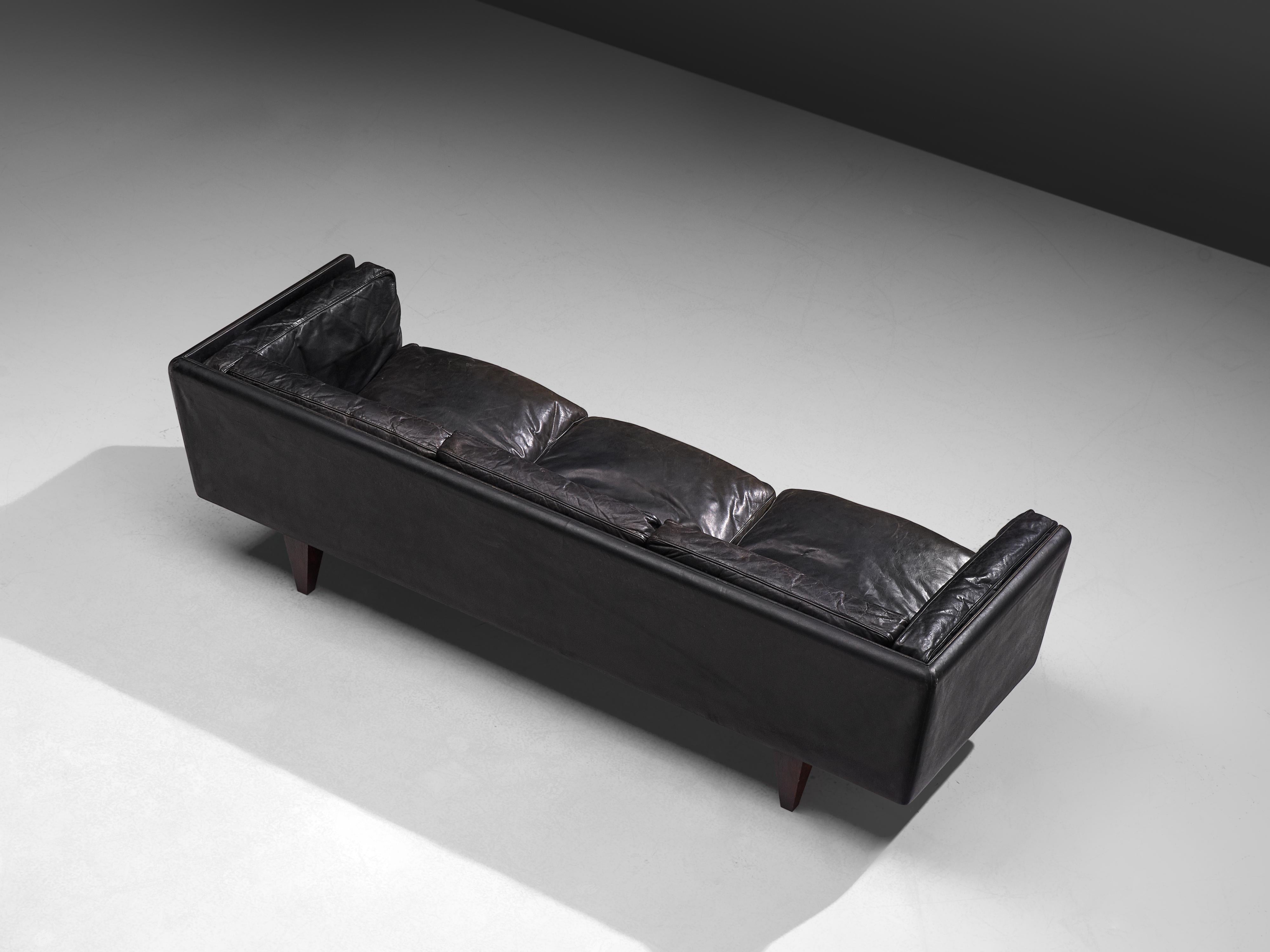 Mid-20th Century Illum Wikkelsø for Holger Christiansen Three-Seat Sofa 'V11' in Black Leather
