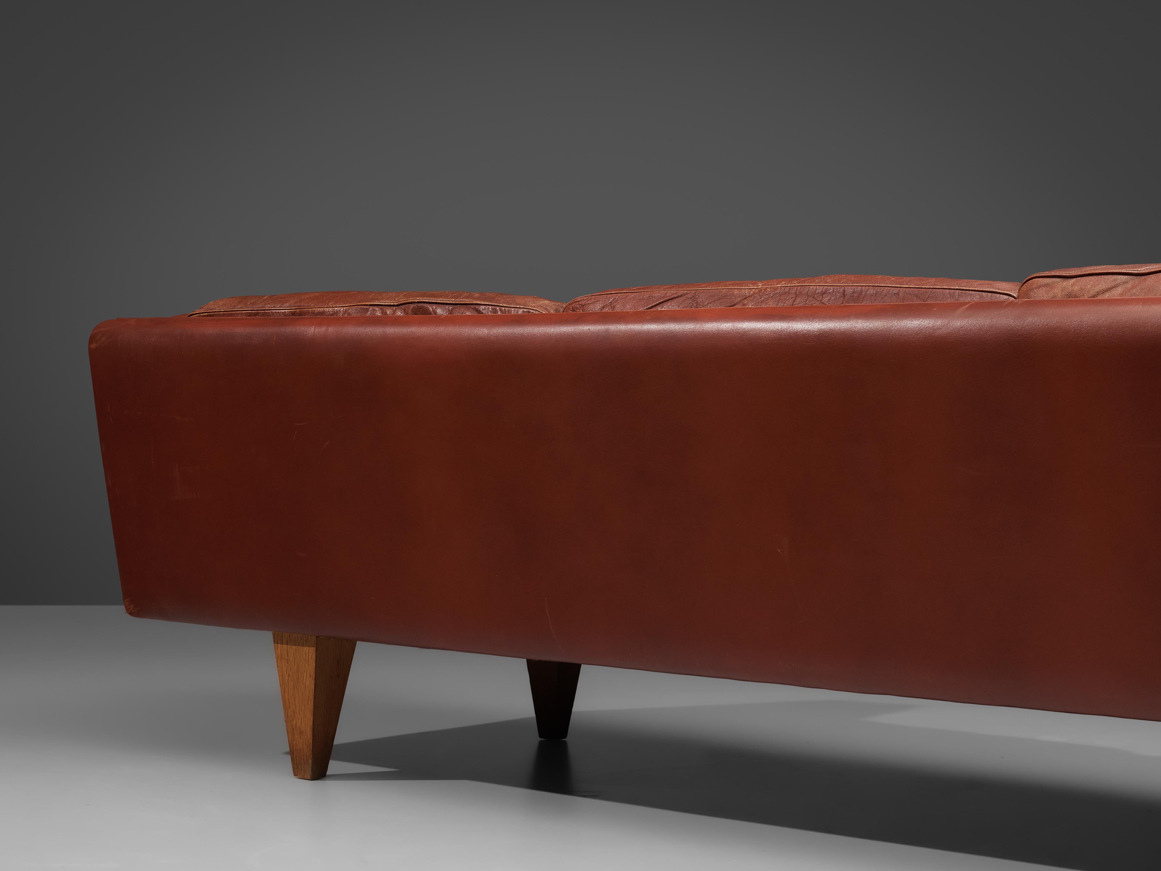 Illum Wikkelsø for Holger Christiansen Three-Seat Sofa in Brown Leather In Good Condition In Waalwijk, NL