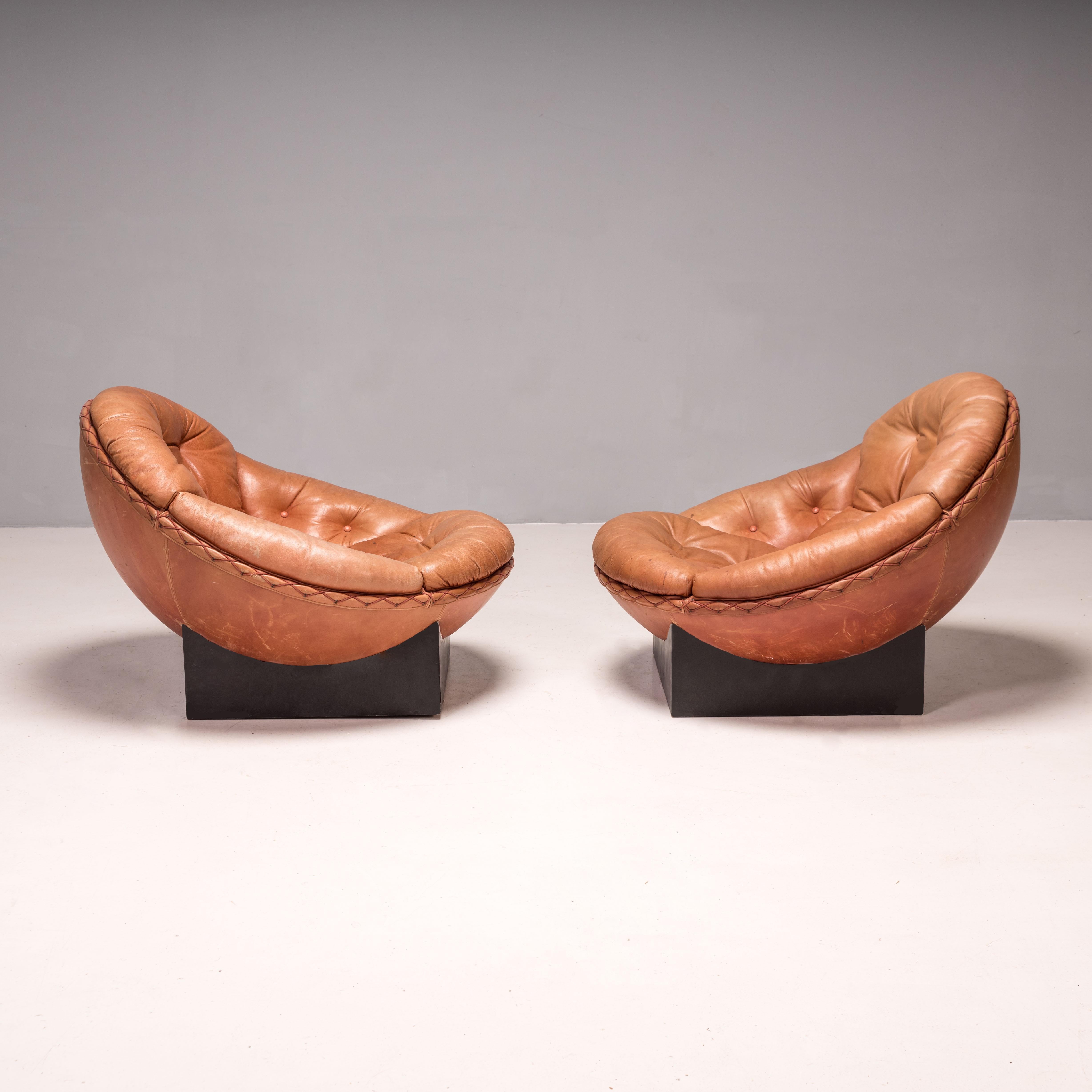 Danish Mid Century Illum Wikkelsø for Ryesberg Møbler Brown Leather Armchairs, Set of 2
