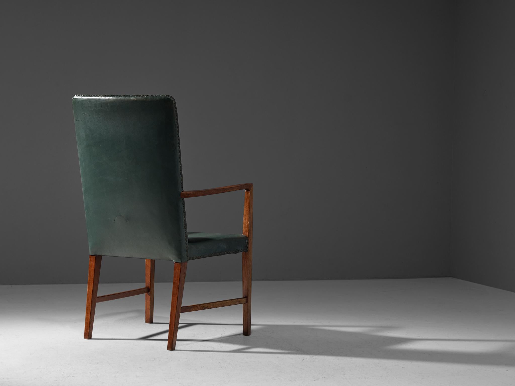Danish Illum Wikkelsø High Back Chair in Mahogany and Forest Green Leather