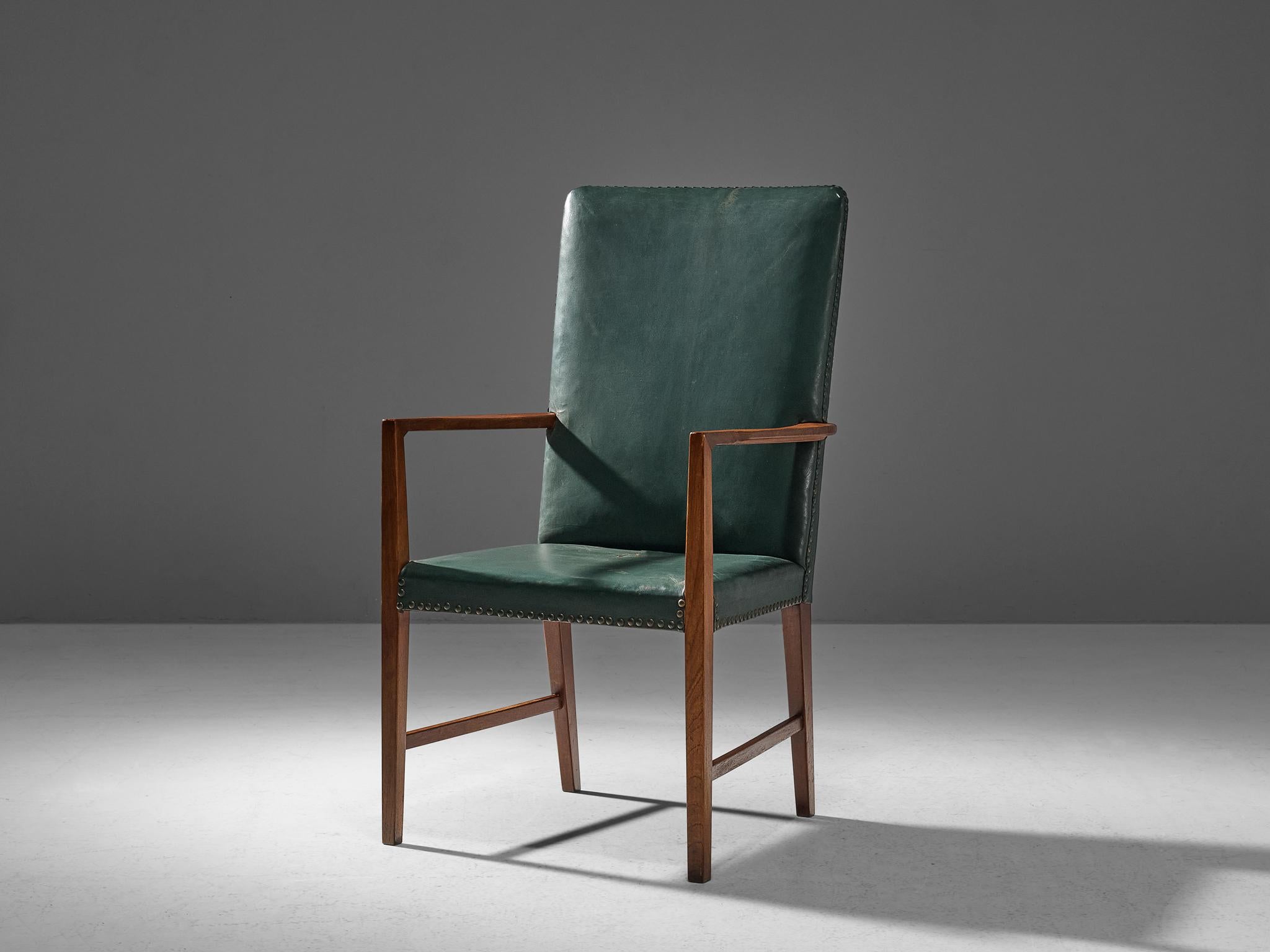 Mid-20th Century Illum Wikkelsø High Back Chair in Mahogany and Forest Green Leather