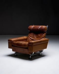 Illum Wikkelsø Leather and Tubular Metal Lounge Chair, Denmark, c. 1950