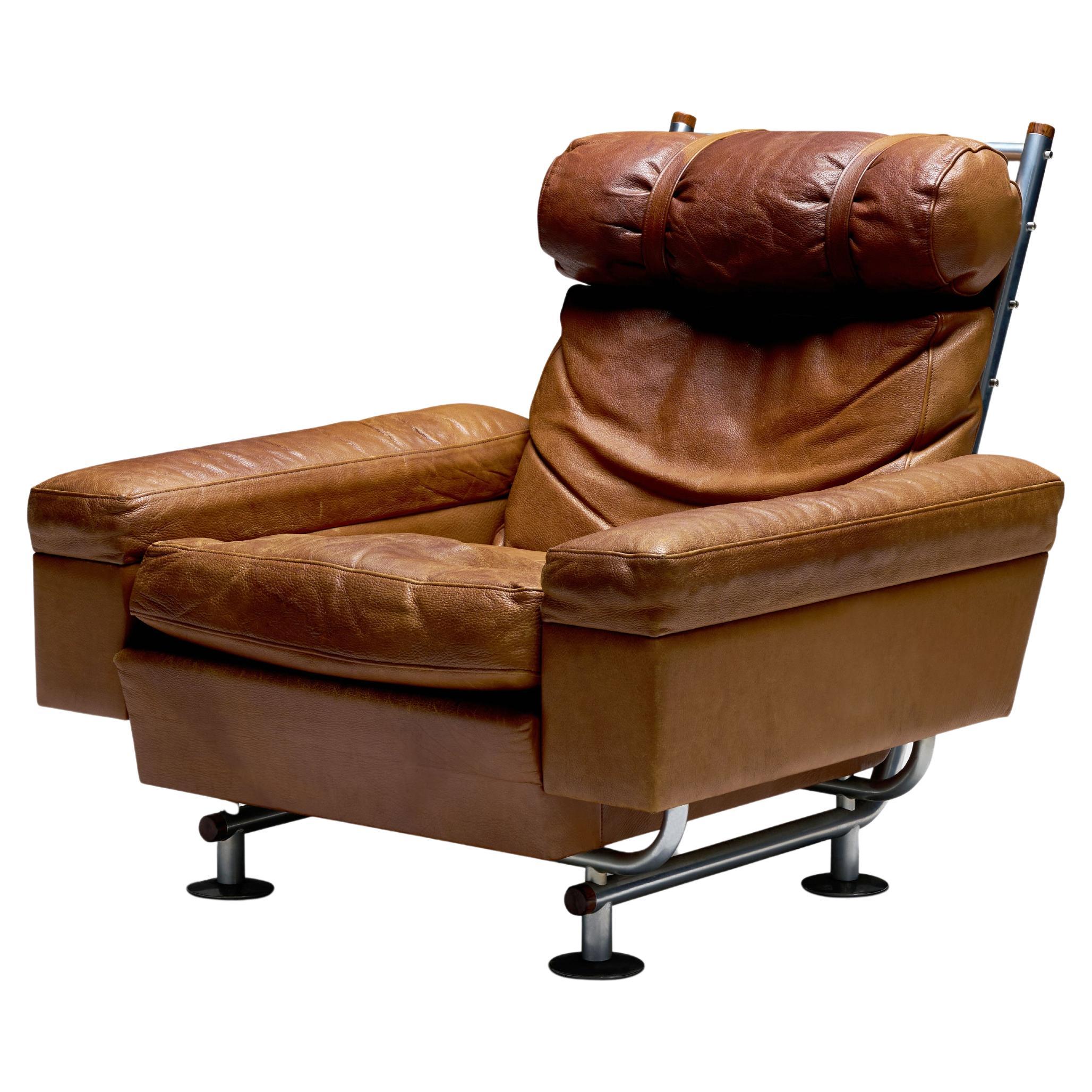 Illum Wikkelsø Leather and Tubular Metal Lounge Chair, Denmark, c. 1950 en vente