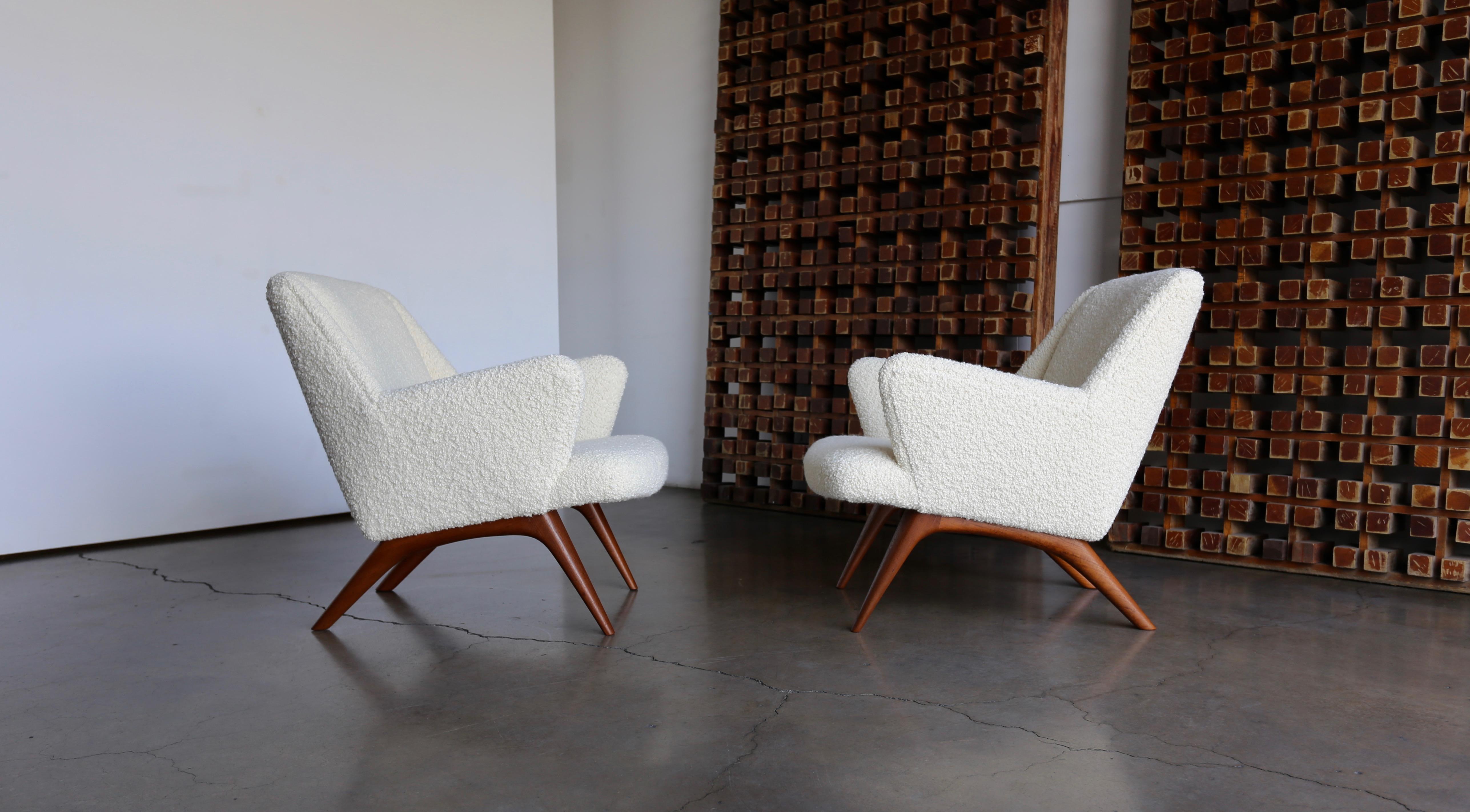 Illum Wikkelsø lounge chairs for A. Mikael Laursen & Søn circa 1960. This pair has been expertly restored in alpaca boucle.