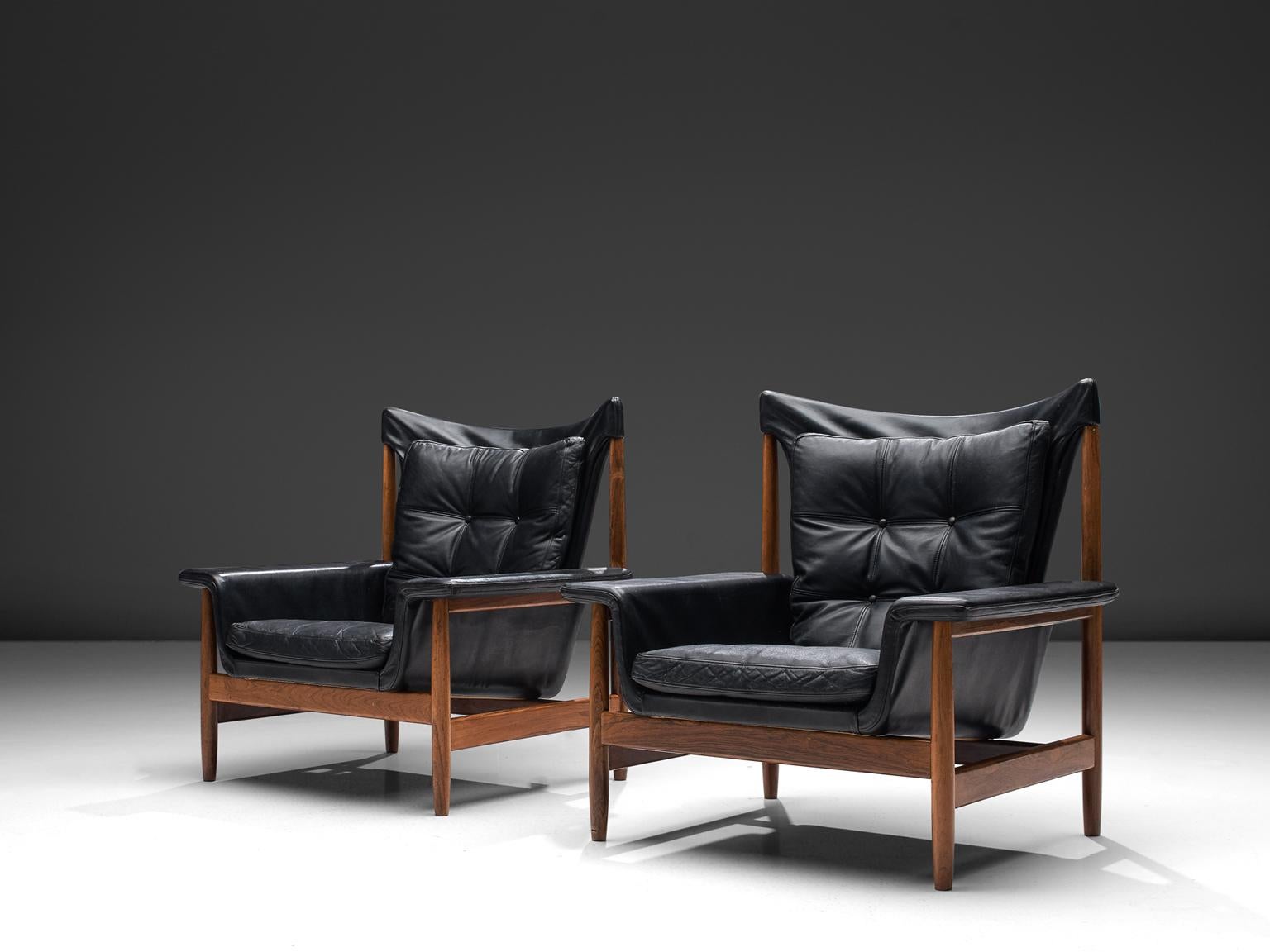 Scandinavian Modern Illum Wikkelsø Lounge Chairs with Black Leather and Rosewood